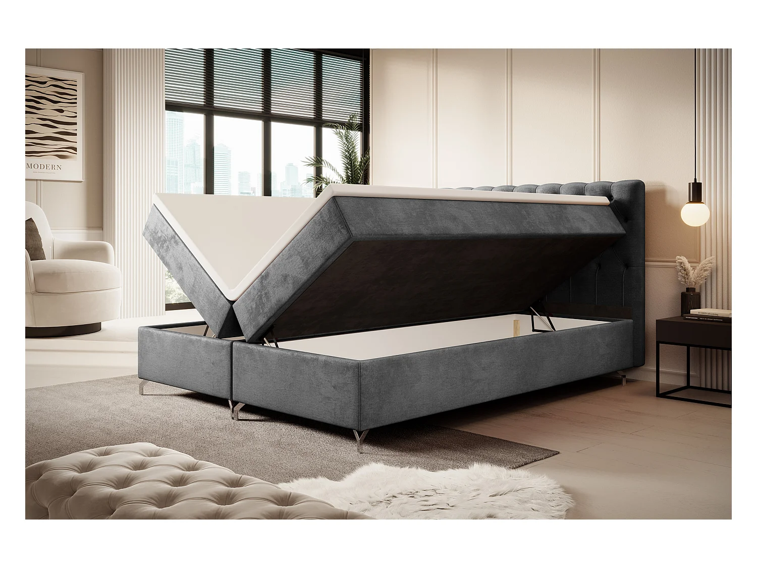 BEDANTE Boxspringbett CHESTER 200x200 Monolith 92, Grau, Bettkasten, Chromfüße, Ehebett, Hotelbett, Topper, Matratze, Bonell, Stauraum, Polsterbett
