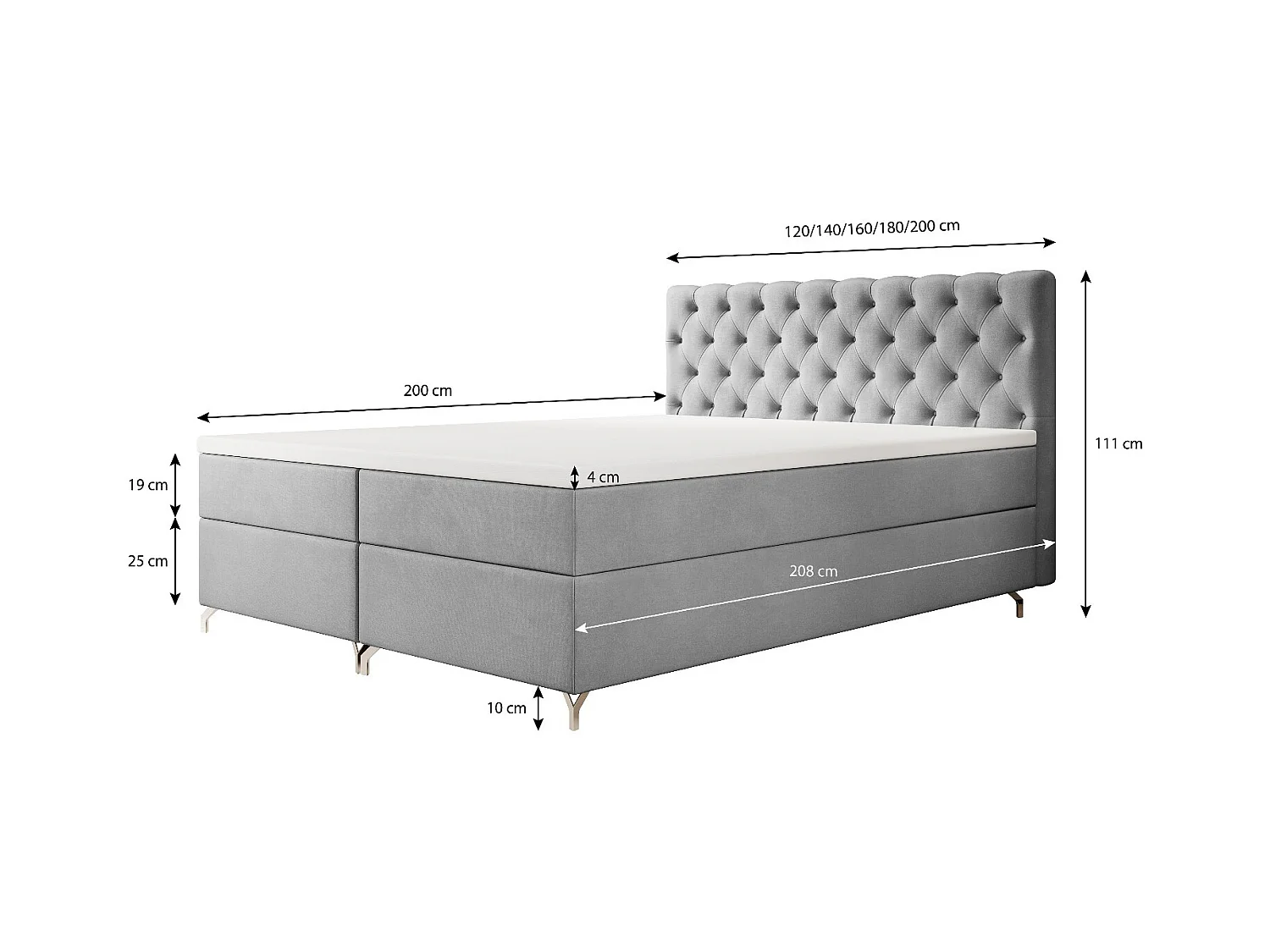 BEDANTE Boxspringbett CHESTER 200x200 Monolith 92, Grau, Bettkasten, Chromfüße, Ehebett, Hotelbett, Topper, Matratze, Bonell, Stauraum, Polsterbett