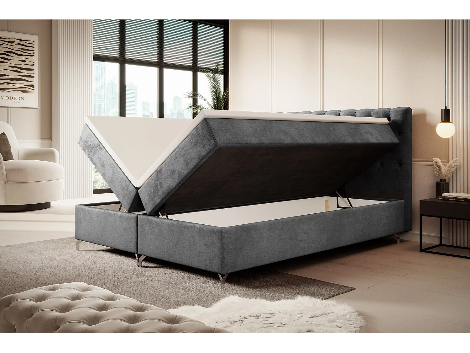 BEDANTE Boxspringbett CHESTER 200x200 Monolith 92, Grau, Bettkasten, Chromfüße, Ehebett, Hotelbett, Topper, Matratze, Bonell, Stauraum, Polsterbett