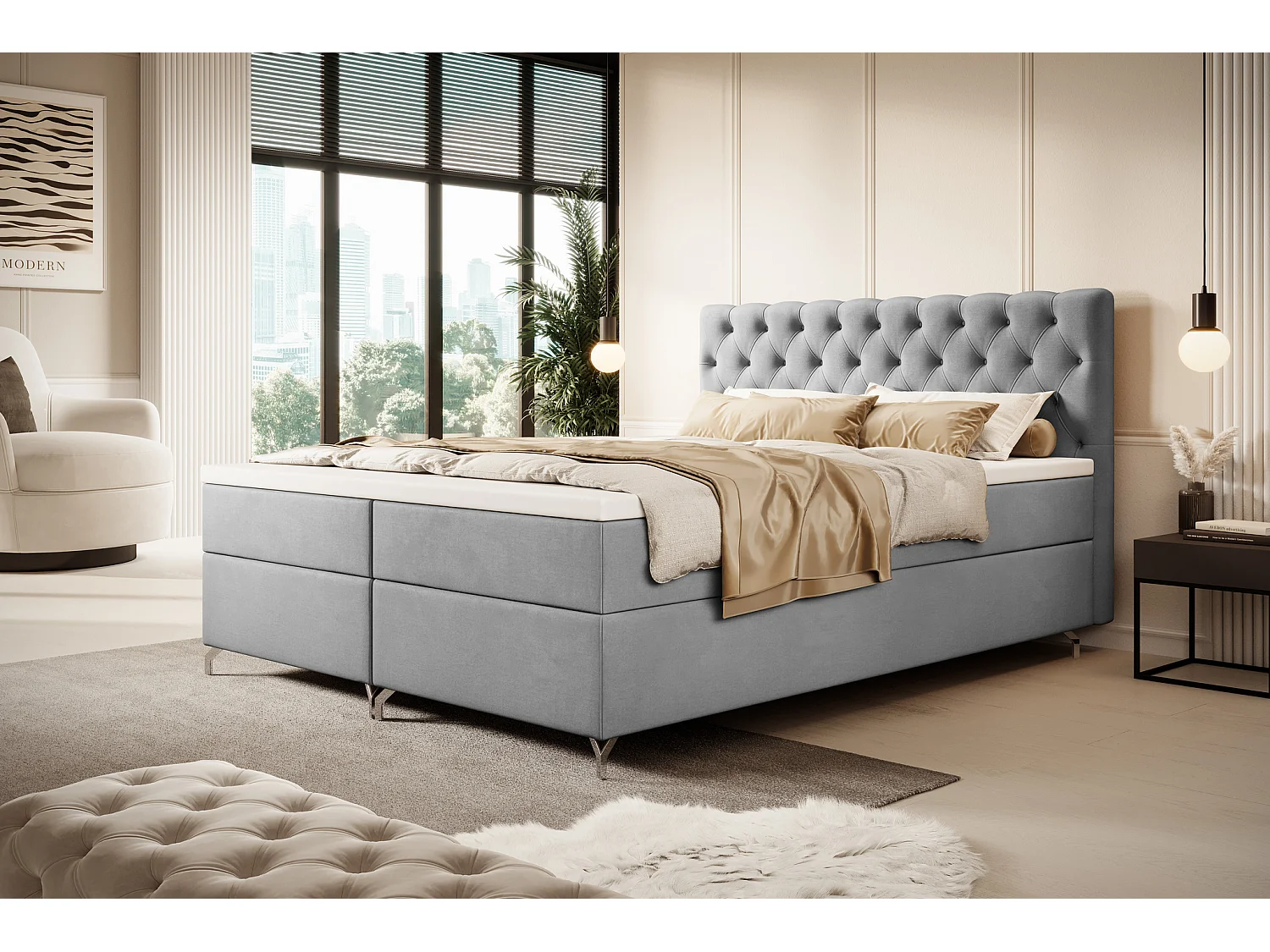 BEDANTE Boxspringbett CHESTER 180x200 Monolith 84, Hellgrau, Bettkasten, Chromfüße, Ehebett, Hotelbett, Topper, Matratze, Bonell, Stauraum, Polsterbett