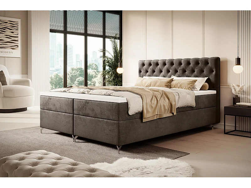 BEDANTE Boxspringbett CHESTER 200x200 Monolith 15, Braun, Bettkasten, Chromfüße, Ehebett, Hotelbett, Topper, Matratze, Bonell, Stauraum, Polsterbett