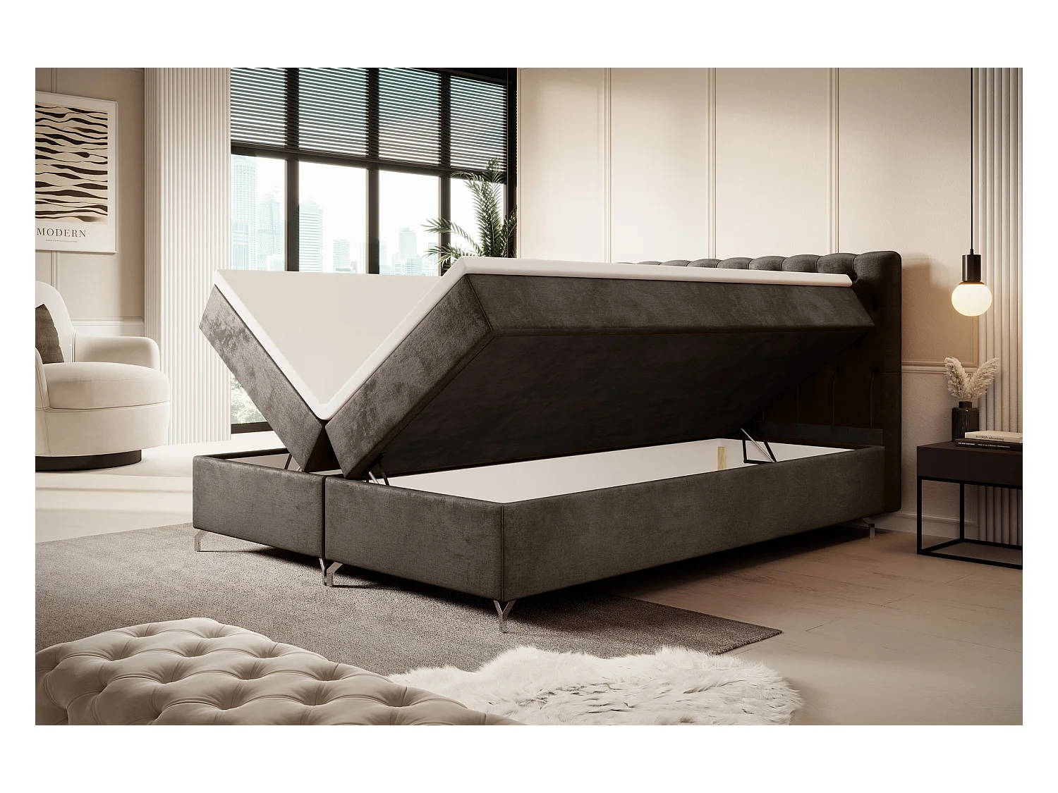 BEDANTE Boxspringbett CHESTER 200x200 Monolith 15, Braun, Bettkasten, Chromfüße, Ehebett, Hotelbett, Topper, Matratze, Bonell, Stauraum, Polsterbett