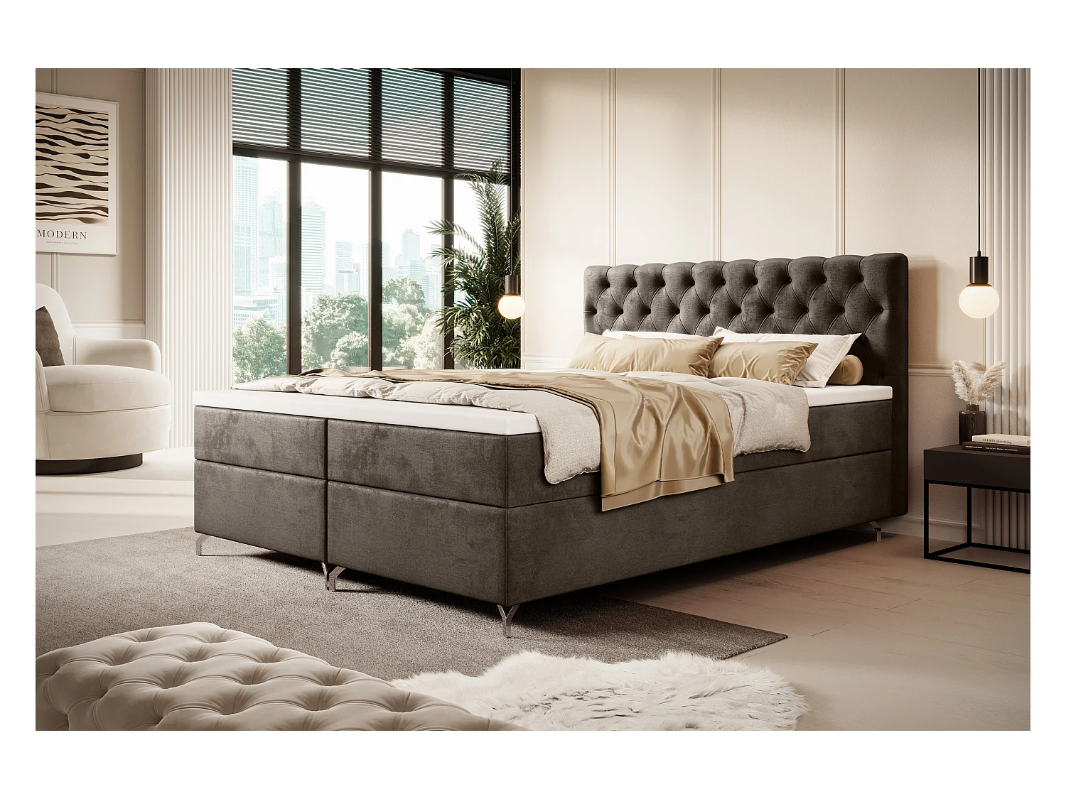 BEDANTE Boxspringbett CHESTER 160x200 Monolith 15, Braun, Bettkasten, Chromfüße, Ehebett, Hotelbett, Topper, Matratze, Bonell, Stauraum, Polsterbett