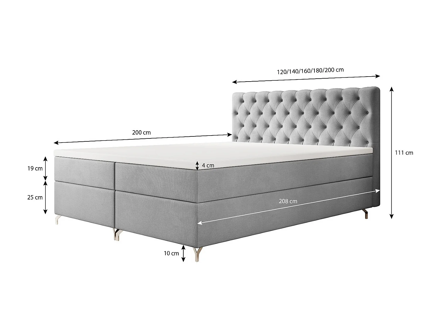 BEDANTE Boxspringbett CHESTER 180x200 Monolith 92, Grau, Bettkasten, Chromfüße, Ehebett, Hotelbett, Topper, Matratze, Bonell, Stauraum, Polsterbett