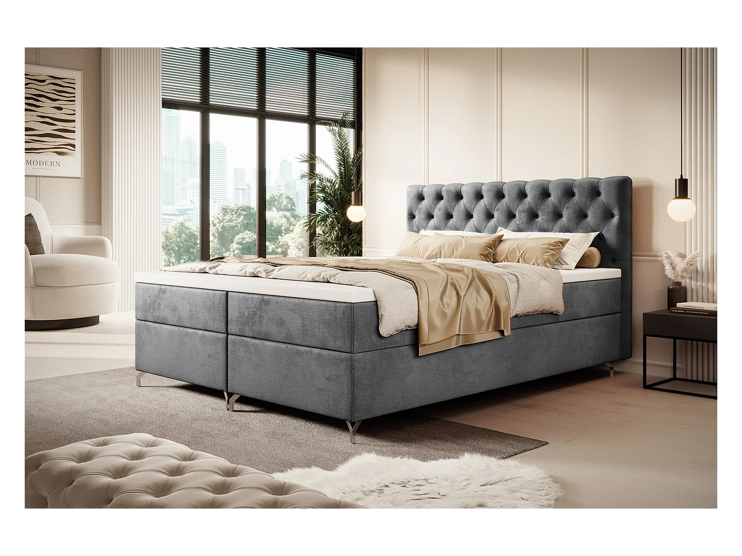 BEDANTE Boxspringbett CHESTER 160x200 Monolith 92, Grau, Bettkasten, Chromfüße, Ehebett, Hotelbett, Topper, Matratze, Bonell, Stauraum, Polsterbett
