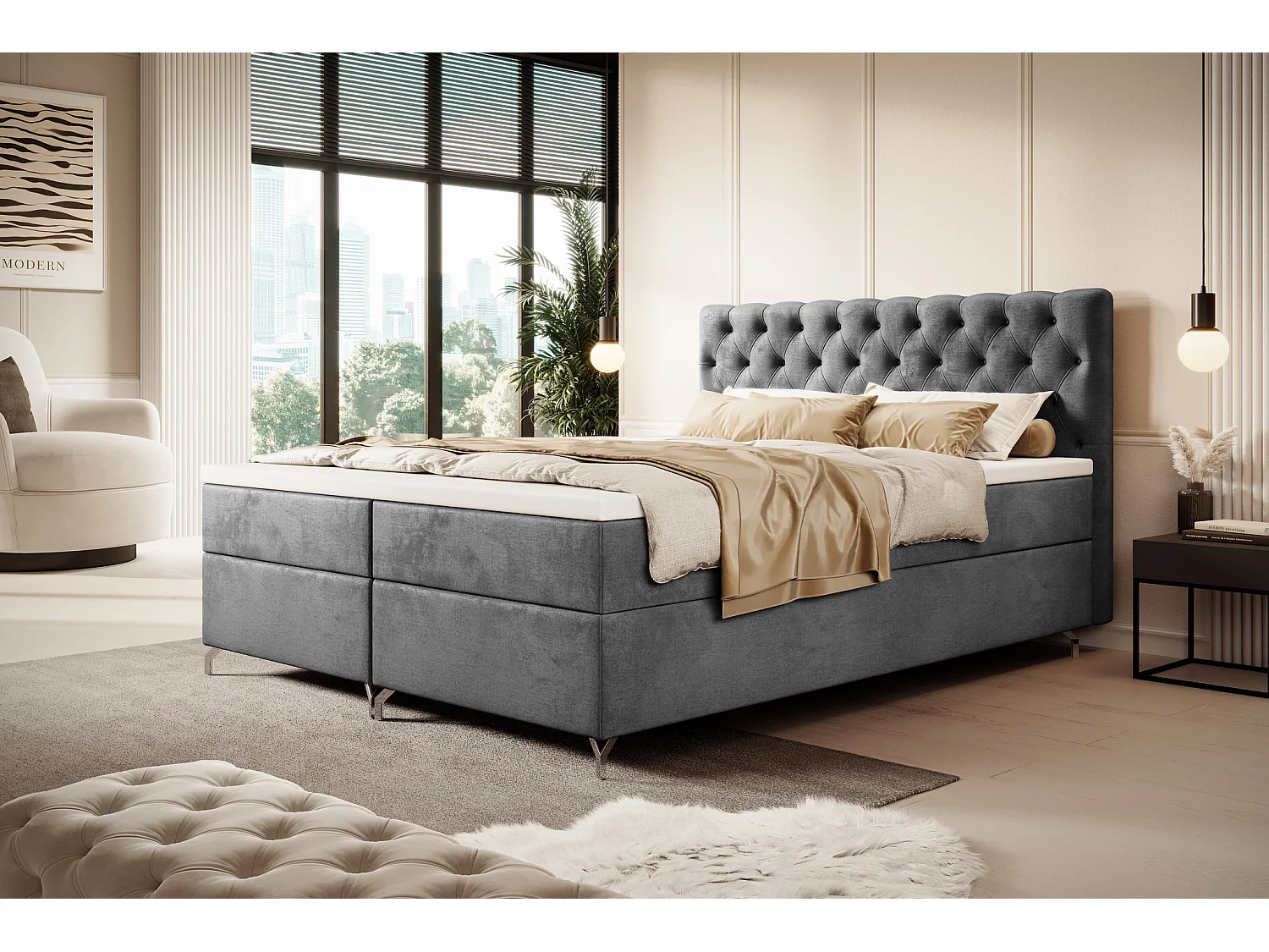 BEDANTE Boxspringbett CHESTER 160x200 Monolith 92, Grau, Bettkasten, Chromfüße, Ehebett, Hotelbett, Topper, Matratze, Bonell, Stauraum, Polsterbett