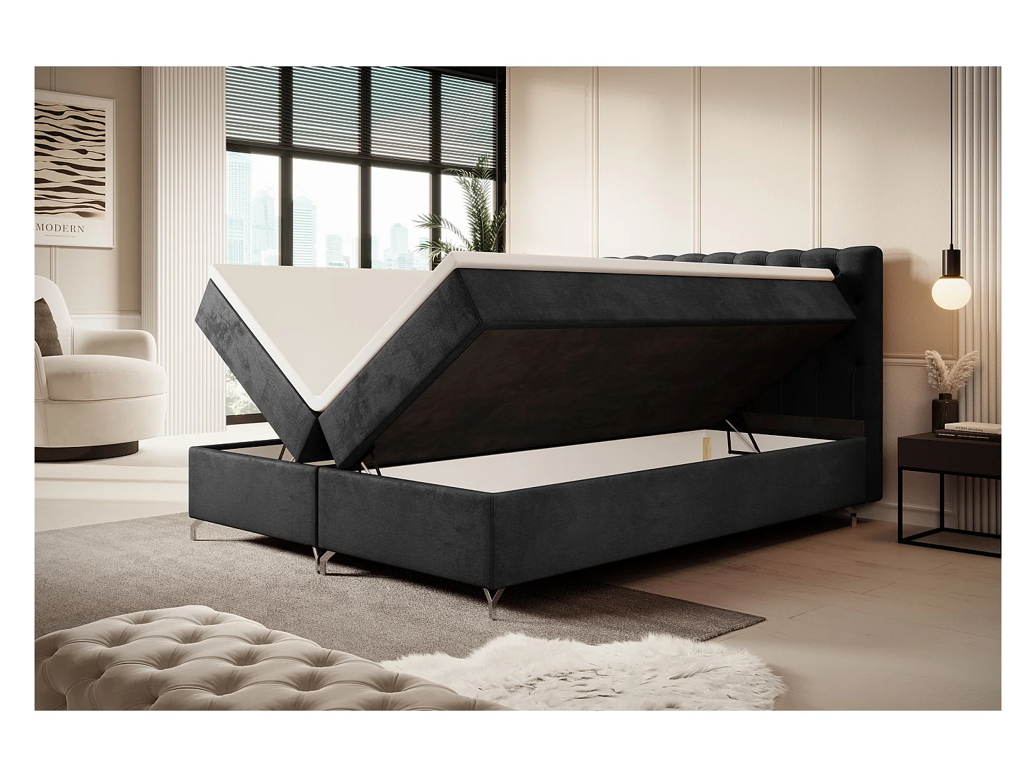 BEDANTE Boxspringbett CHESTER 160x200 Monolith 97, Antrazit, Bettkasten, Chromfüße, Ehebett, Hotelbett, Topper, Matratze, Bonell, Stauraum, Polsterbett