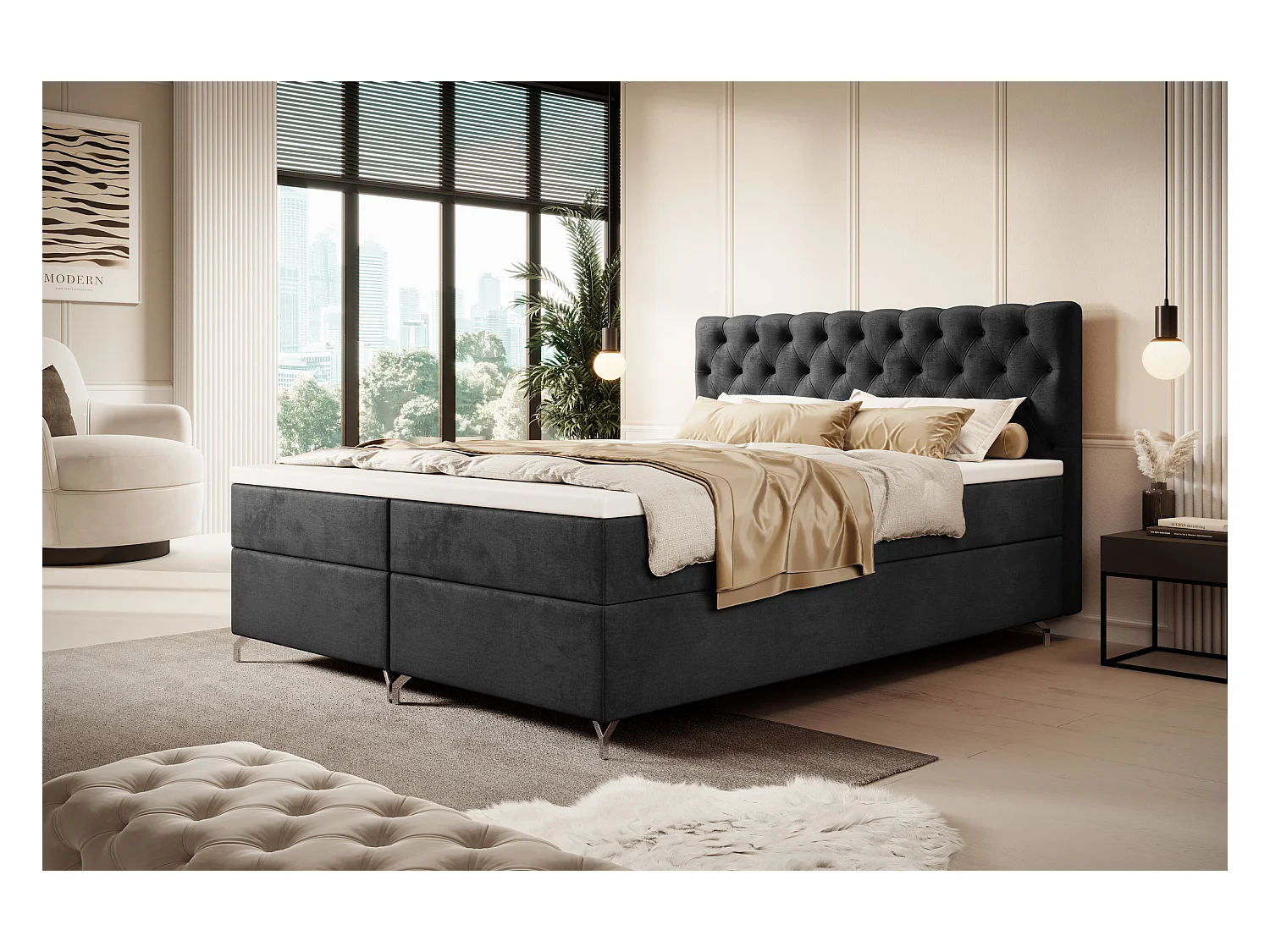 BEDANTE Boxspringbett CHESTER 160x200 Monolith 97, Antrazit, Bettkasten, Chromfüße, Ehebett, Hotelbett, Topper, Matratze, Bonell, Stauraum, Polsterbett