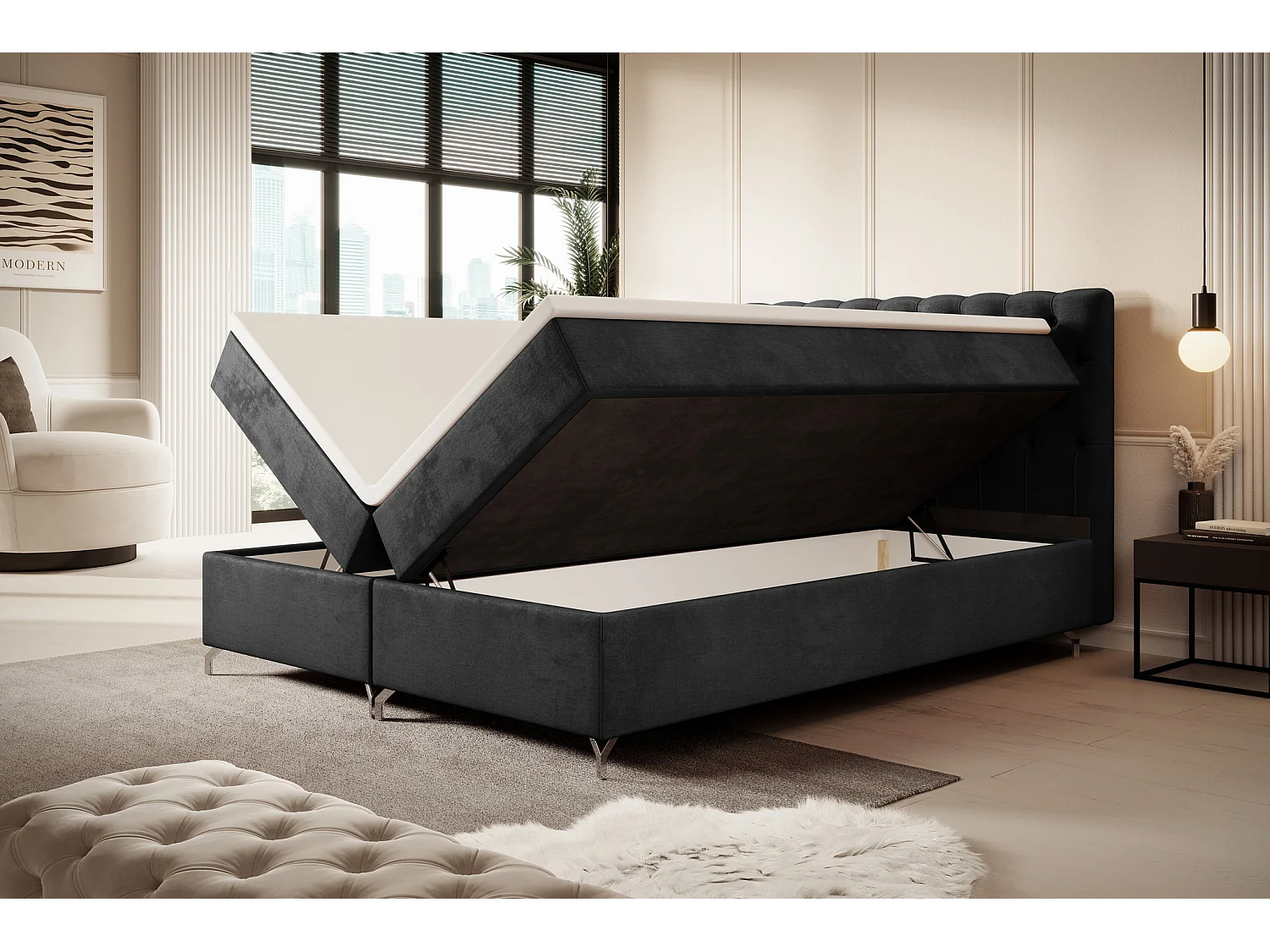 BEDANTE Boxspringbett CHESTER 160x200 Monolith 97, Antrazit, Bettkasten, Chromfüße, Ehebett, Hotelbett, Topper, Matratze, Bonell, Stauraum, Polsterbett