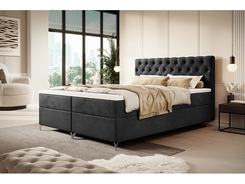 BEDANTE Boxspringbed CHESTER 140x200 Monolith 97, Antraciet, Opberglade, Chroompoten, Tweepersoonsbed