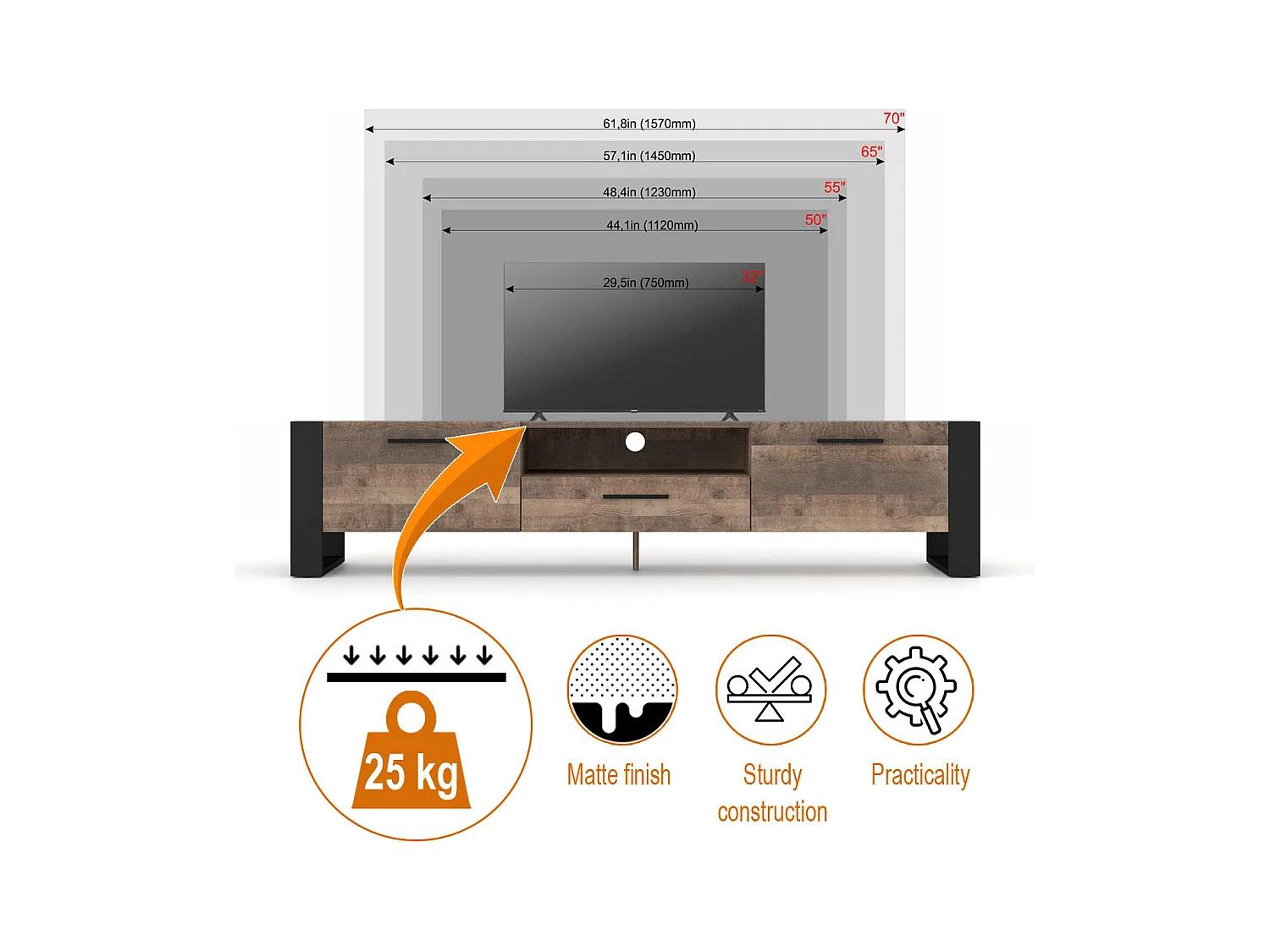 Mobile TV NUKA 200 cm rovere grana su piedini