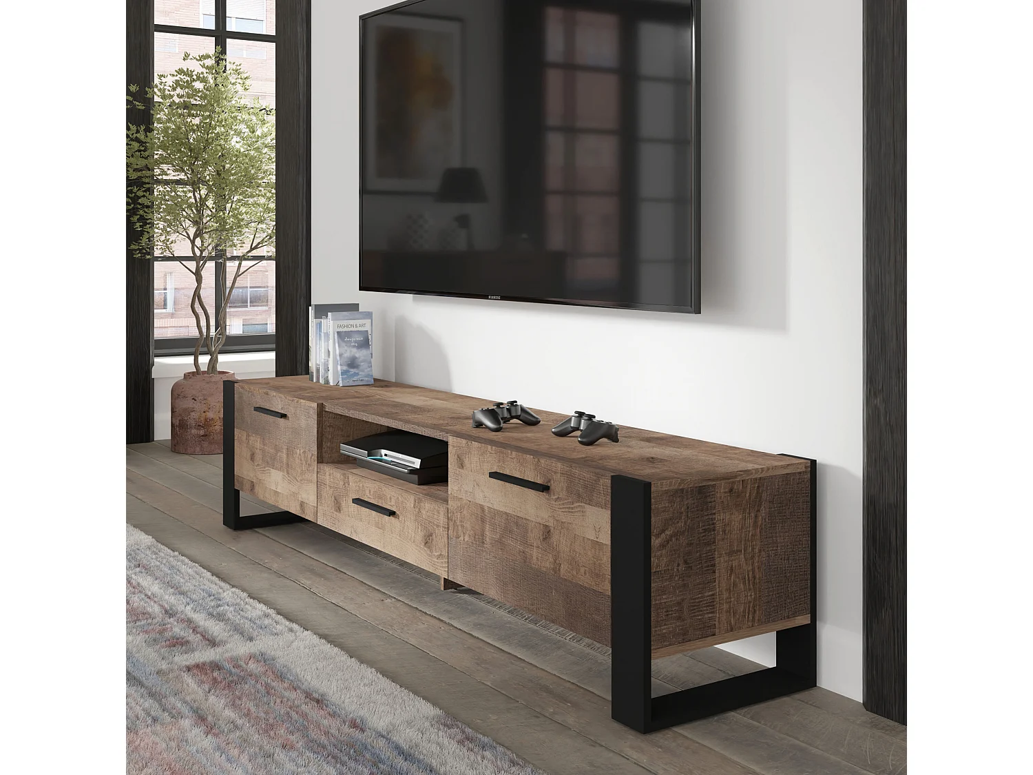 Meuble TV buffet NUKA 200 cm chêne grange sur pied