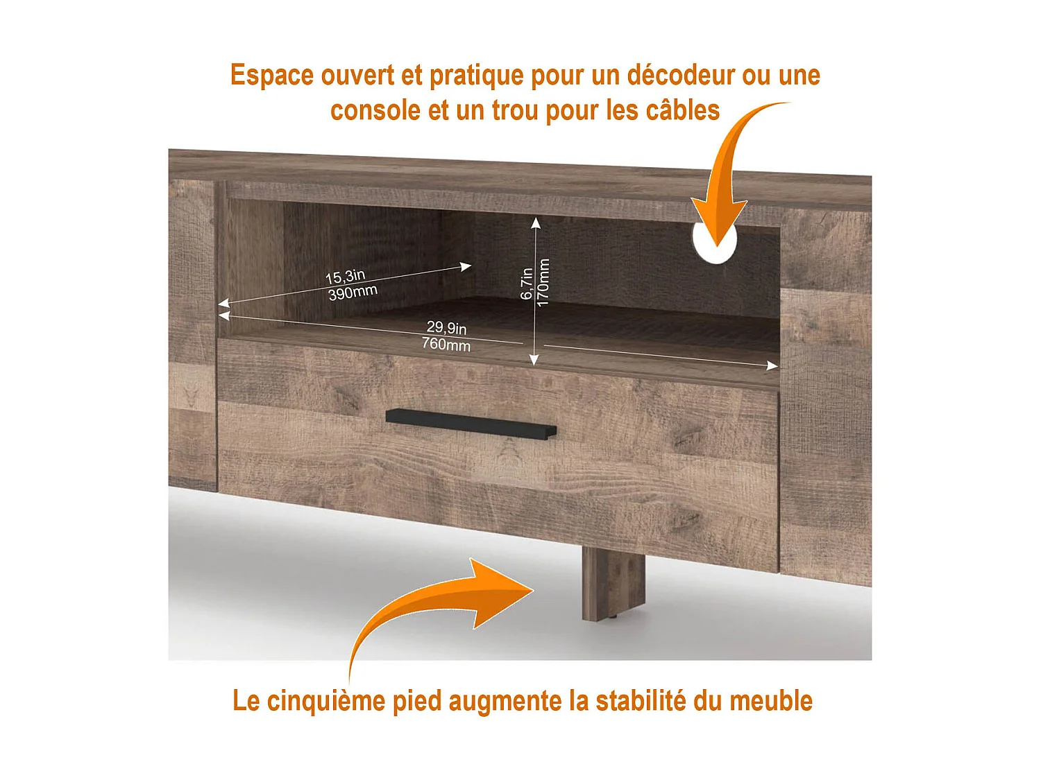 Meuble TV buffet NUKA 200 cm chêne grange sur pied