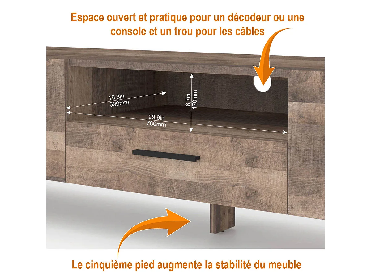 Meuble TV buffet NUKA 200 cm chêne grange sur pied