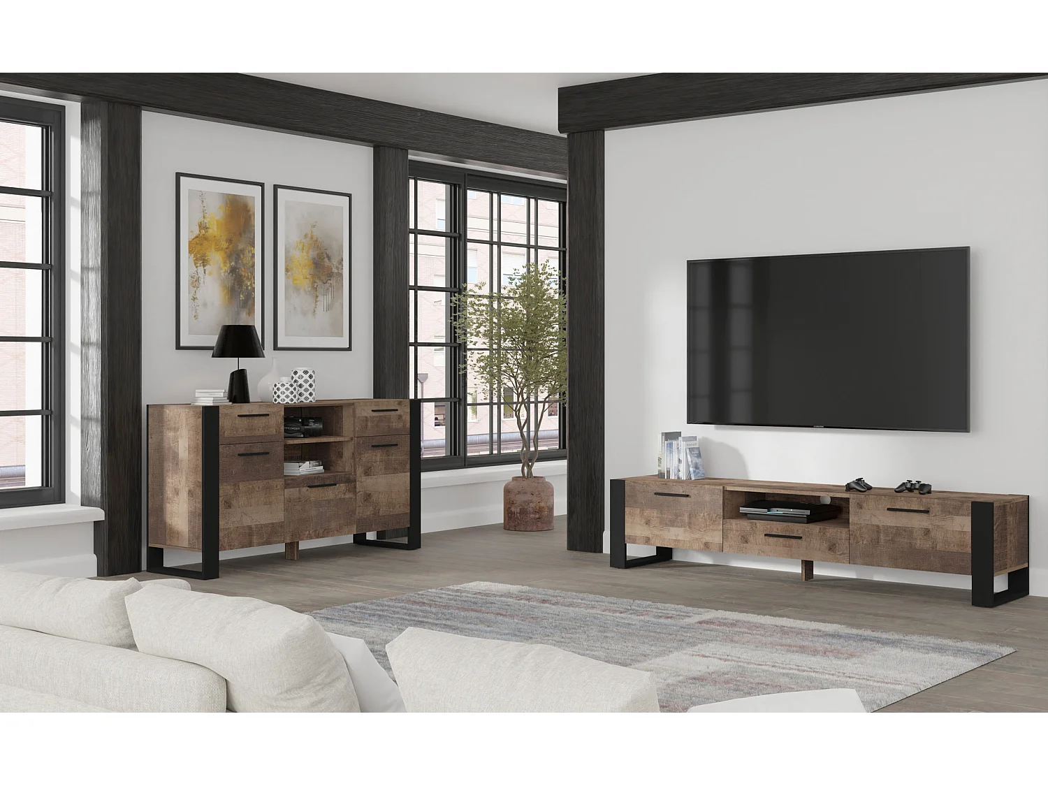 Meuble TV buffet NUKA 200 cm chêne grange sur pied
