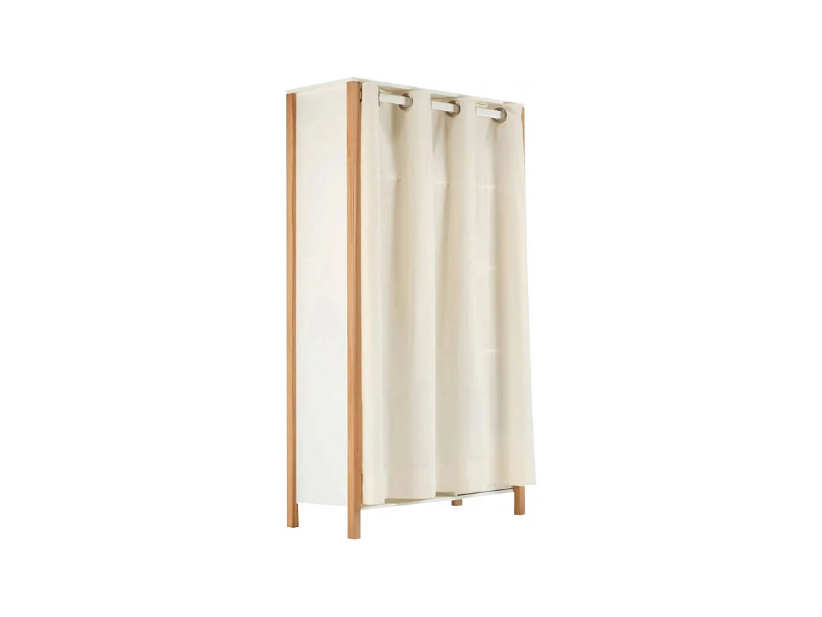 Penderie multi rangement en bois et blanc uni avec rideau - TOM 0322