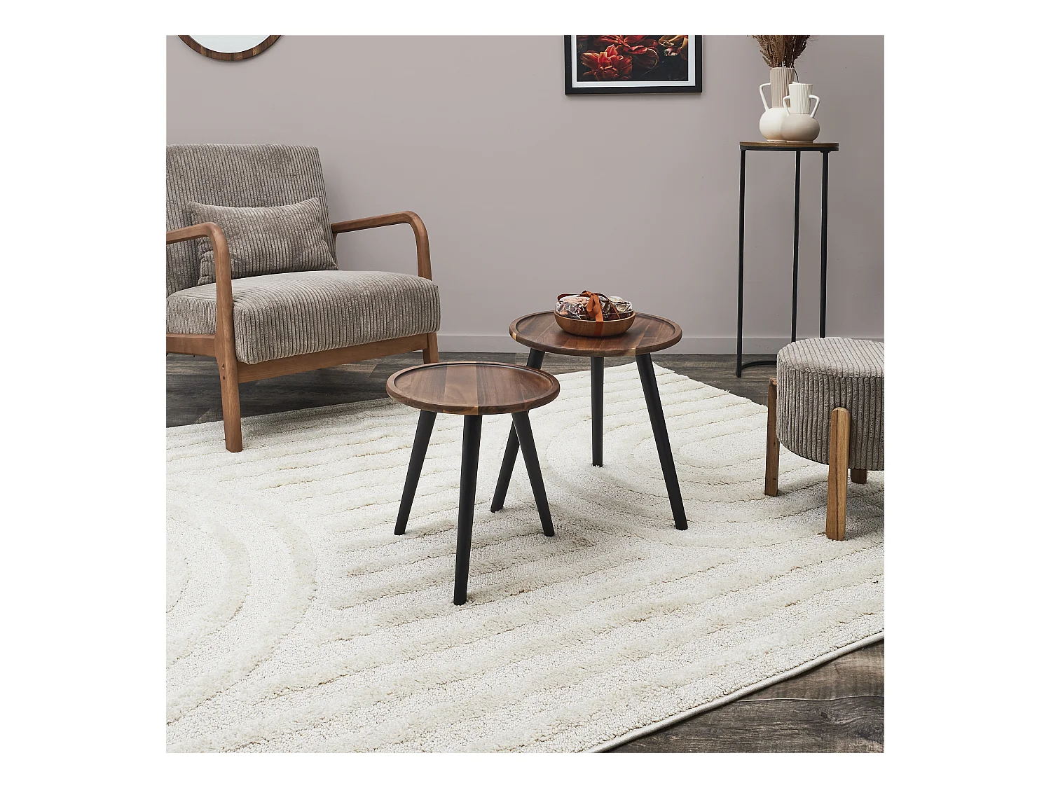 Table Gigogne Rond Acacia X2 Noir, Marron