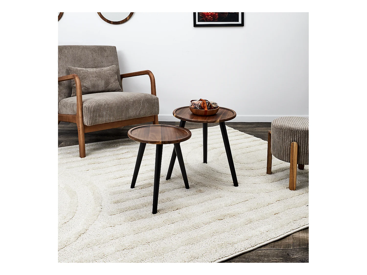 Table Gigogne Rond Acacia X2 Noir, Marron