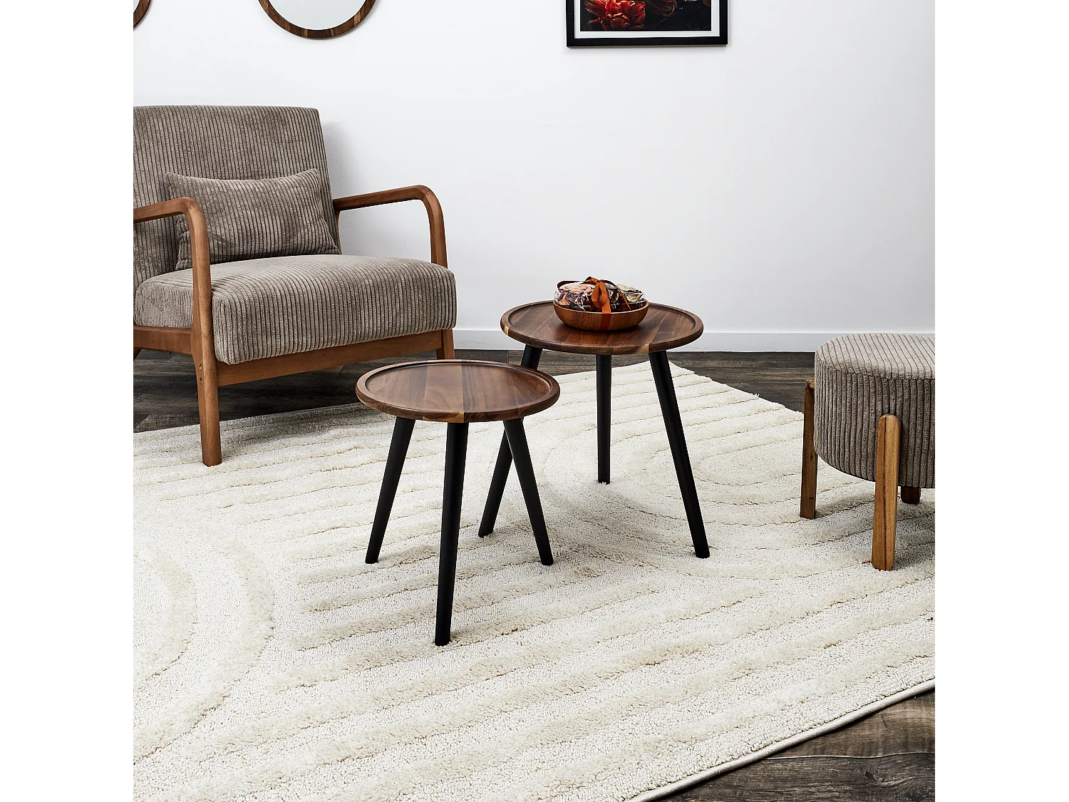 Table Gigogne Rond Acacia X2 Noir, Marron