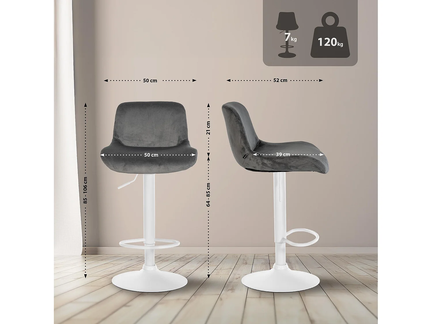 Lot de 2  Tabouret de bar - Velours - Gris foncé - Solon