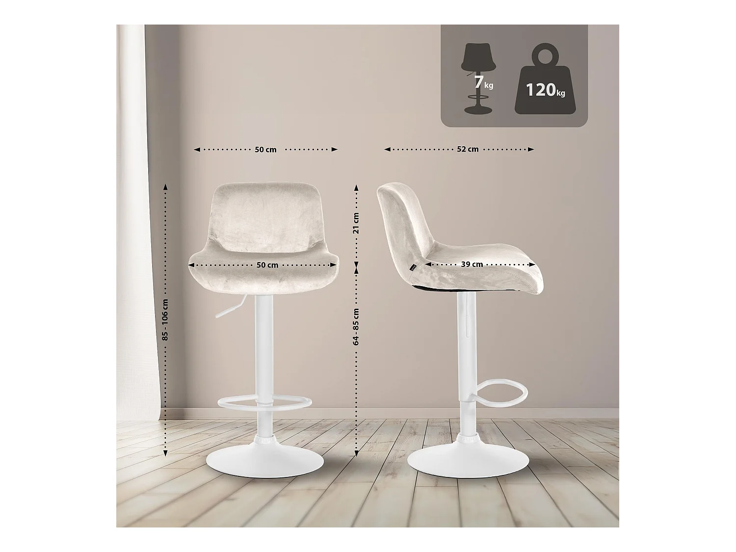Lot de 2  Tabouret de bar - Velours - Crème - Solon