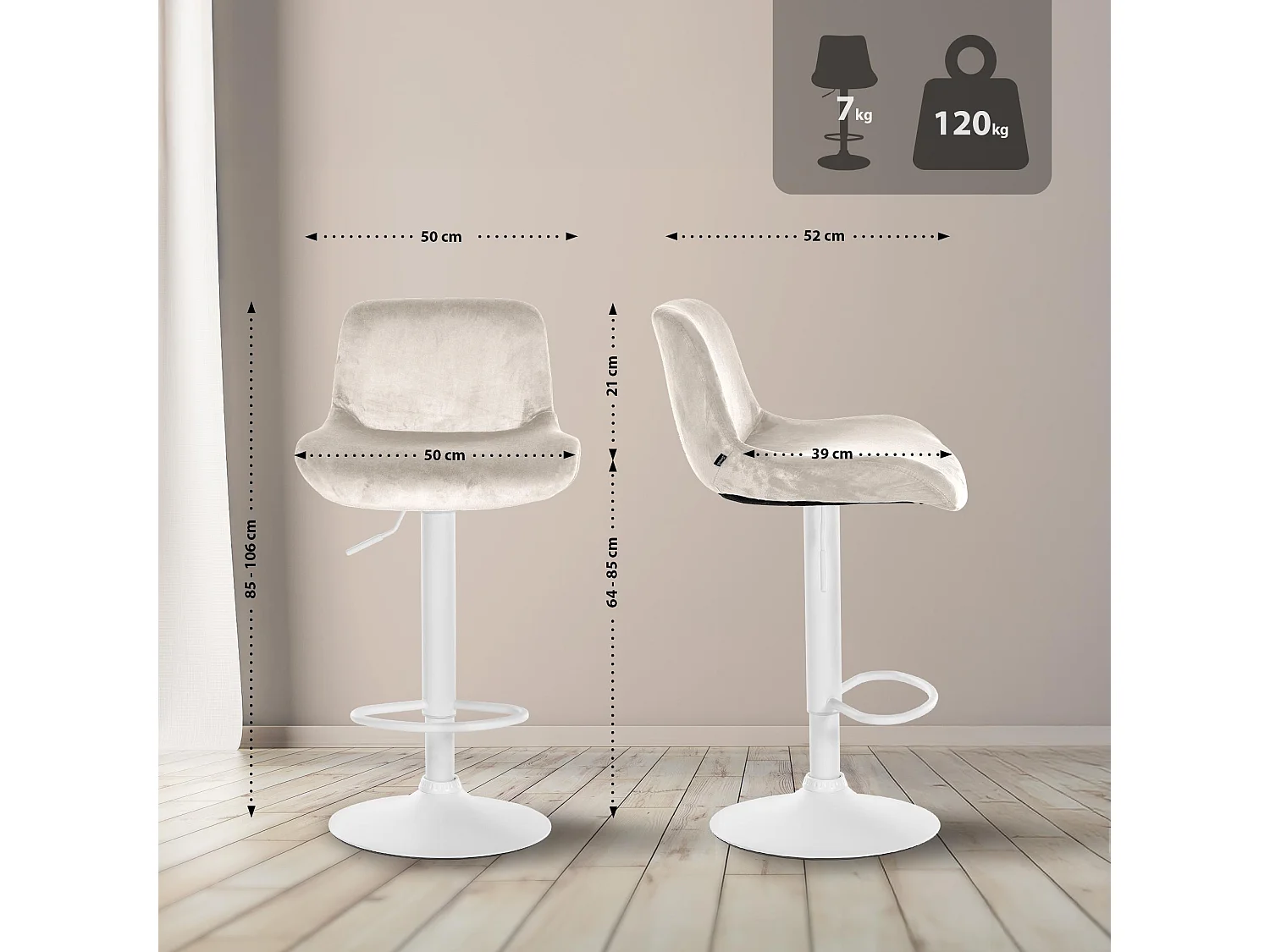 Lot de 2  Tabouret de bar - Velours - Crème - Solon