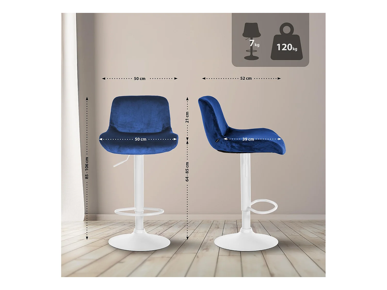 Lot de 2  Tabouret de bar - Velours - Bleu - Solon