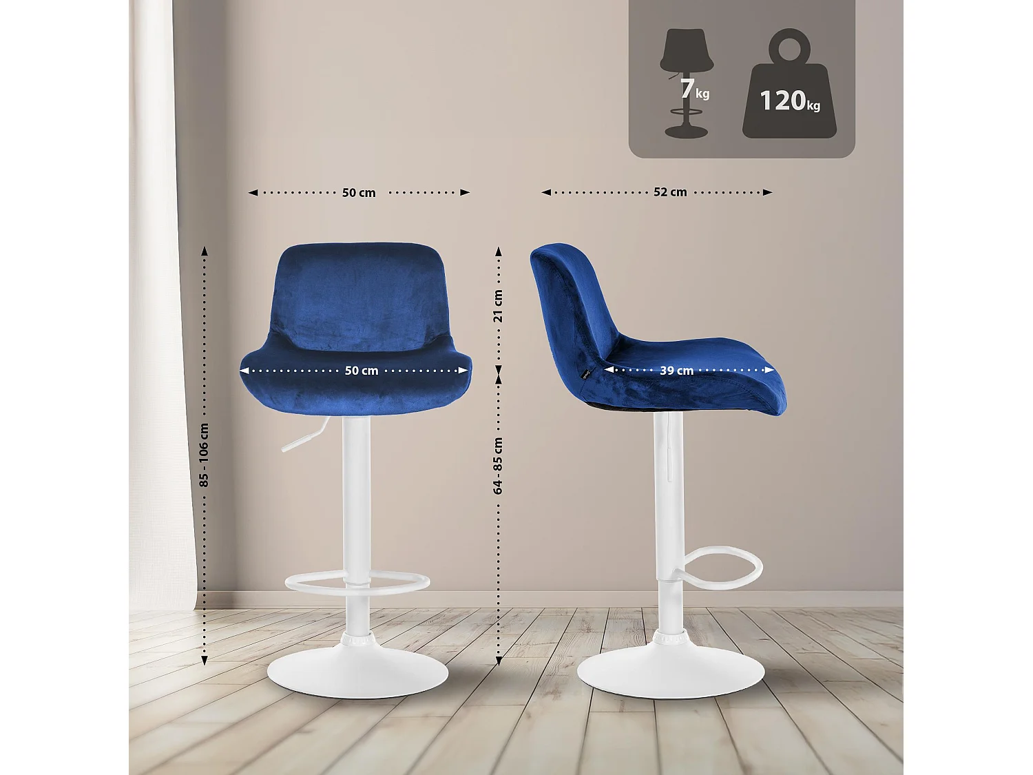 Lot de 2  Tabouret de bar - Velours - Bleu - Solon