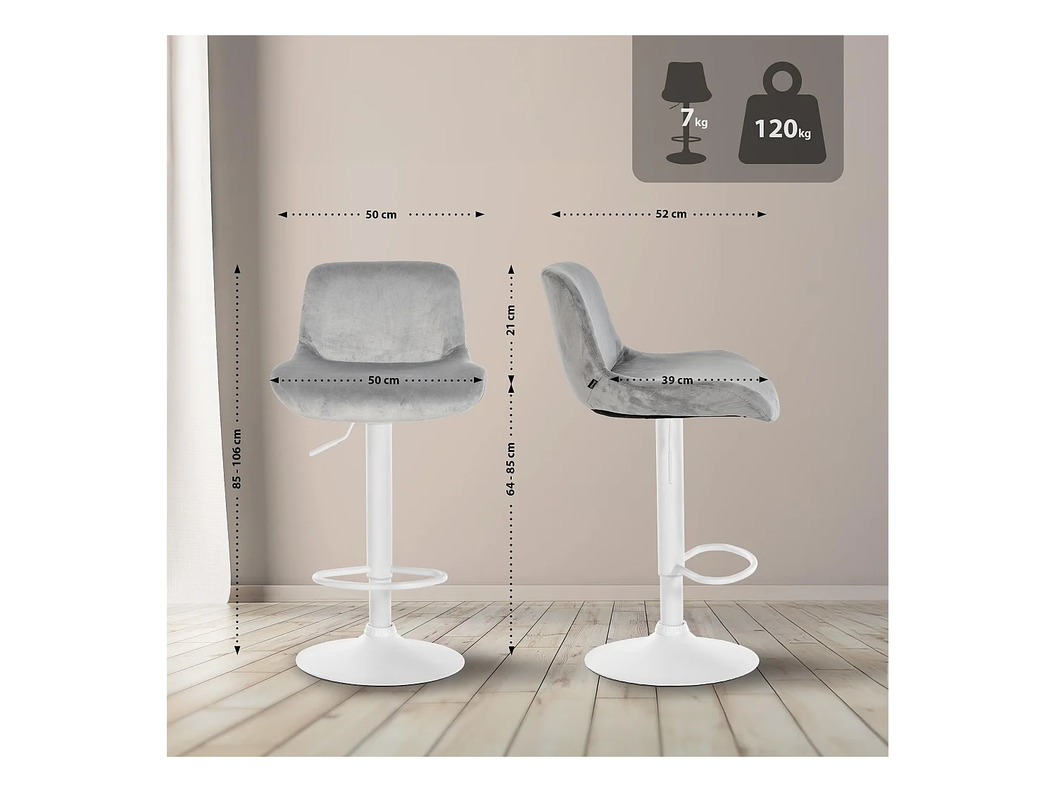 Lot de 2  Tabouret de bar - Velours - Gris - Solon
