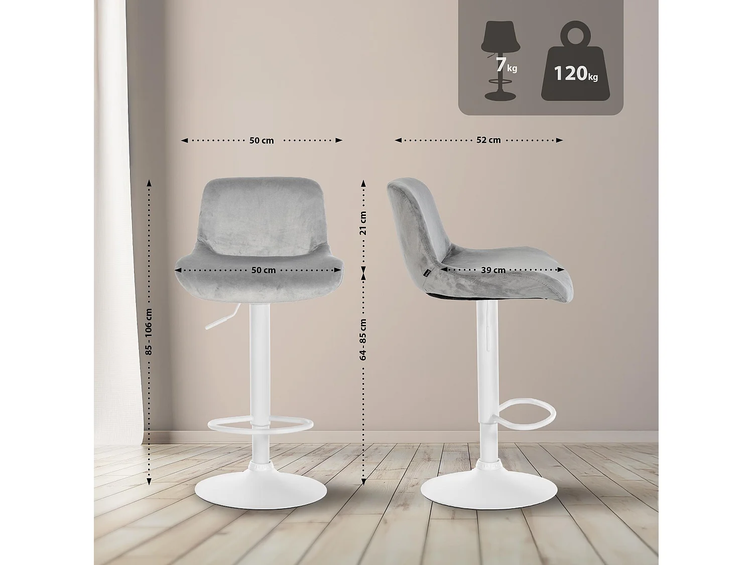 Lot de 2  Tabouret de bar - Velours - Gris - Solon