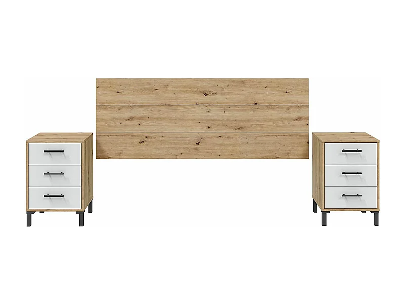 Ensemble de tête de lit + 2 tables de chevet coloris blanc artic, chêne nordique