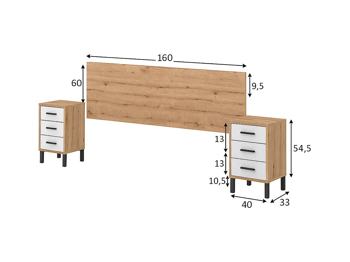 Ensemble de tête de lit + 2 tables de chevet coloris blanc artic, chêne nordique