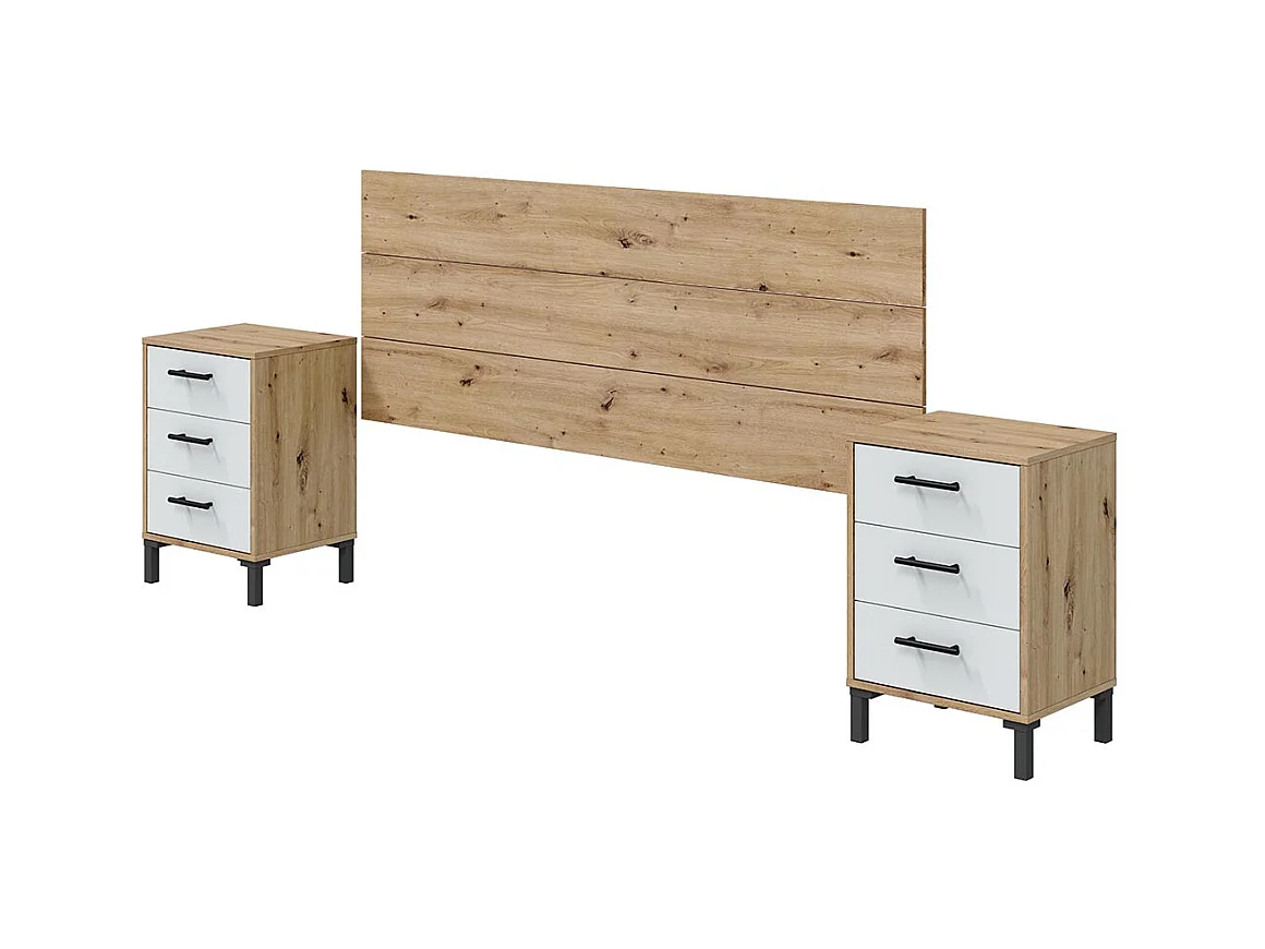 Ensemble de tête de lit + 2 tables de chevet coloris blanc artic, chêne nordique