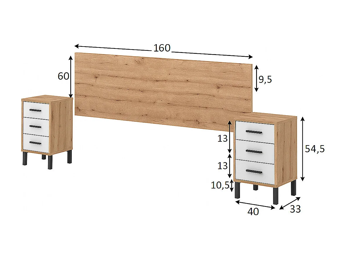 Ensemble de tête de lit + 2 tables de chevet coloris blanc artic, chêne nordique