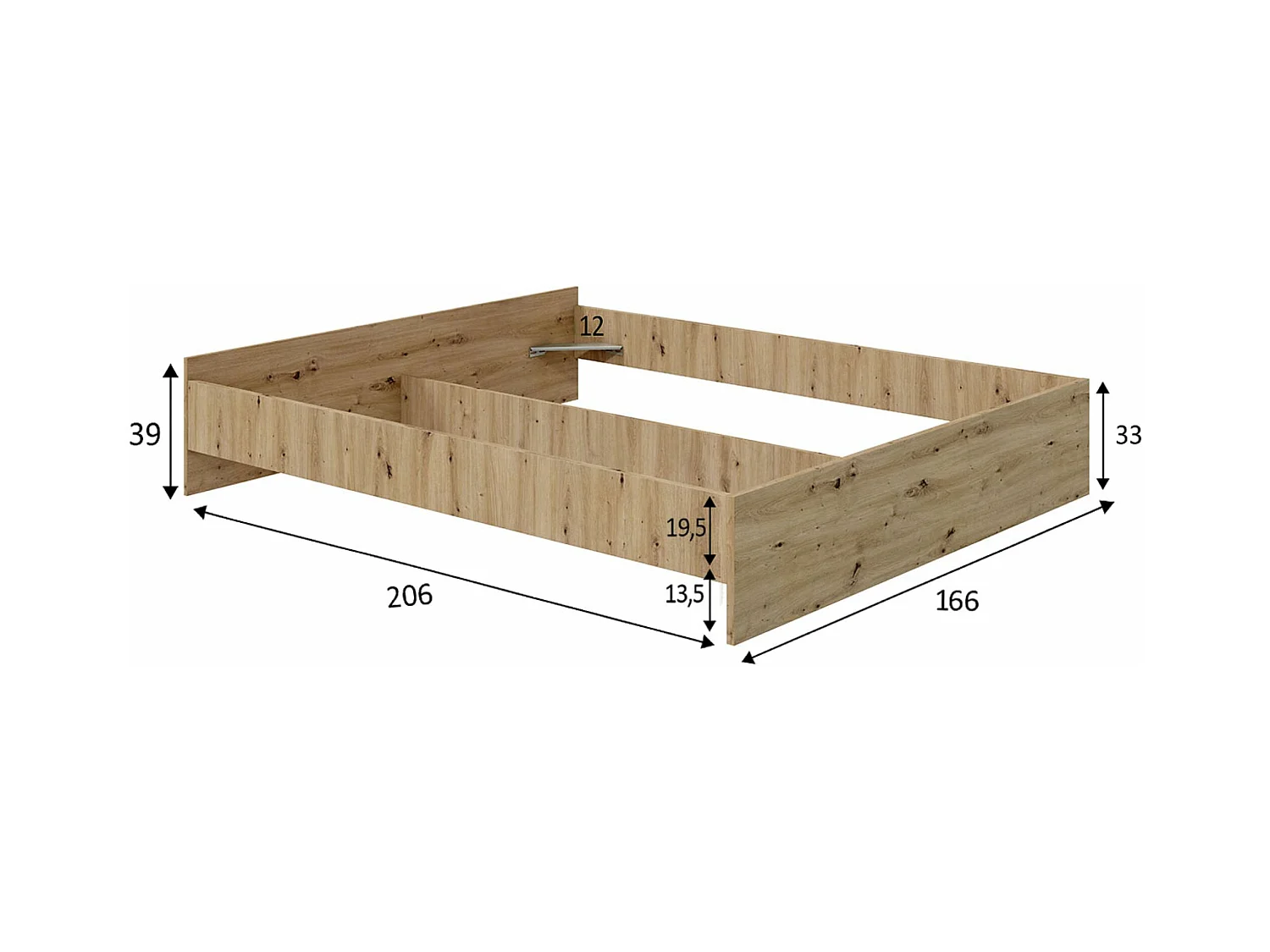 Cadre de lit en bois coloris chêne nordique - hauteur 39 x longueur 166 x profondeur 206 cm / couchage 160 x 200 cm