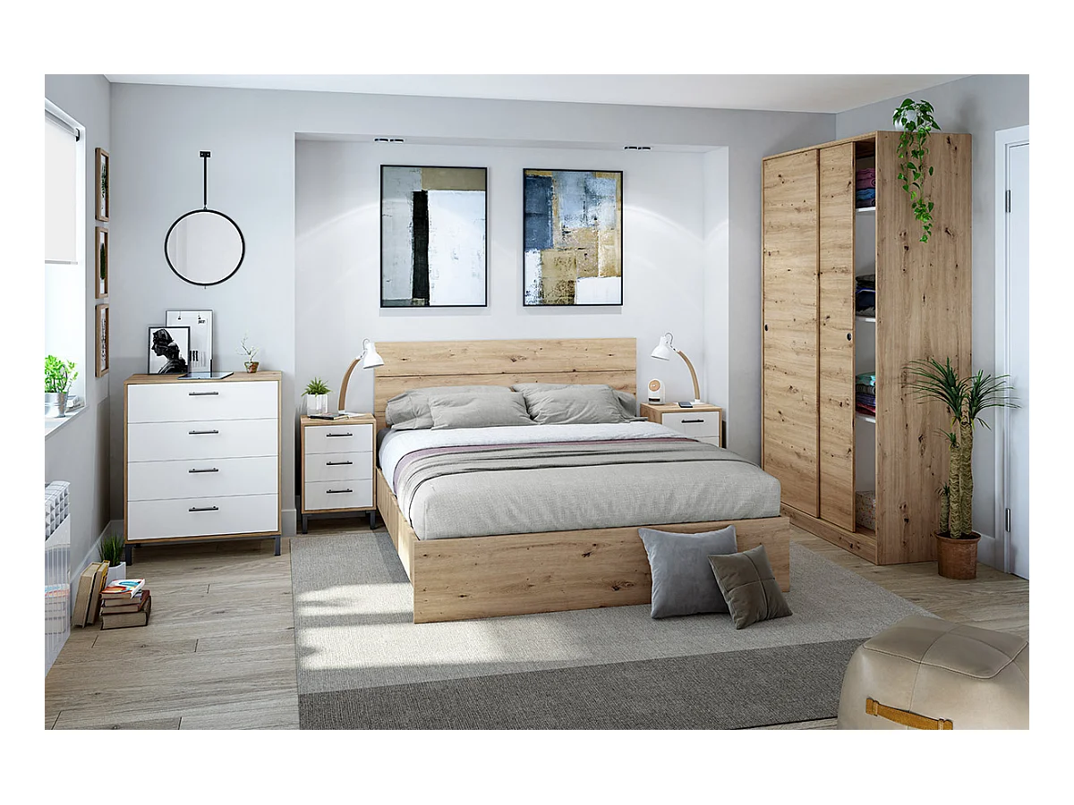 Cadre de lit en bois coloris chêne nordique - hauteur 39 x longueur 166 x profondeur 206 cm / couchage 160 x 200 cm