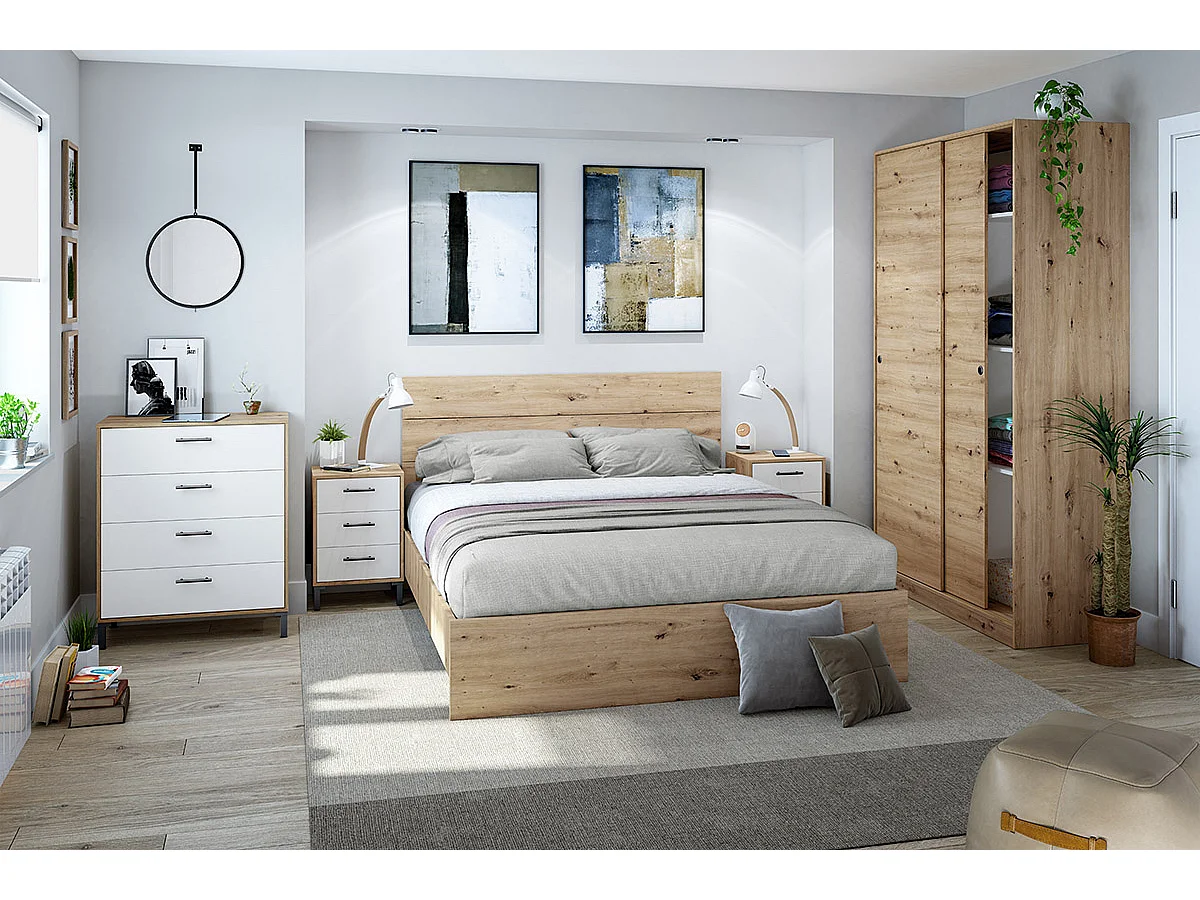 Cadre de lit en bois coloris chêne nordique - hauteur 39 x longueur 166 x profondeur 206 cm / couchage 160 x 200 cm