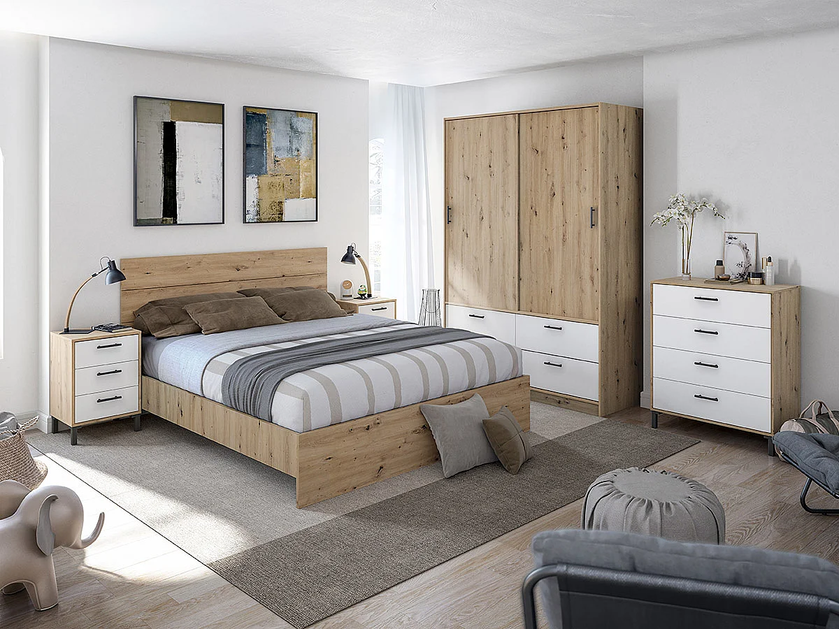 Cadre de lit en bois coloris chêne nordique - hauteur 39 x longueur 166 x profondeur 206 cm / couchage 160 x 200 cm