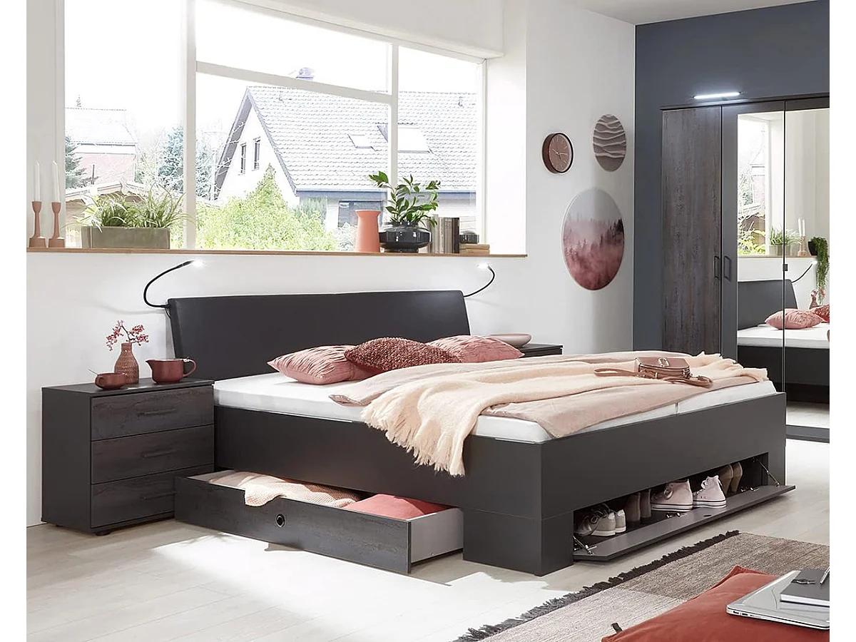 Lit adulte double 180x200 cm King Size coloris gris foncé - Longueur 189 x Profondeur 210 x Hauteur 96 cm