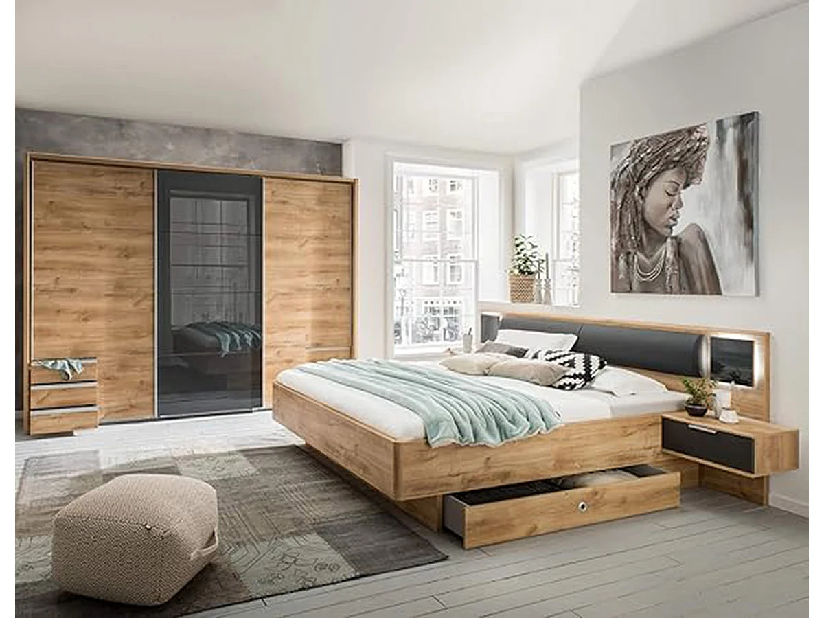 Lit adulte 160x200 avec 2 tables de chevet coloris imitation chêne poutre/graphite