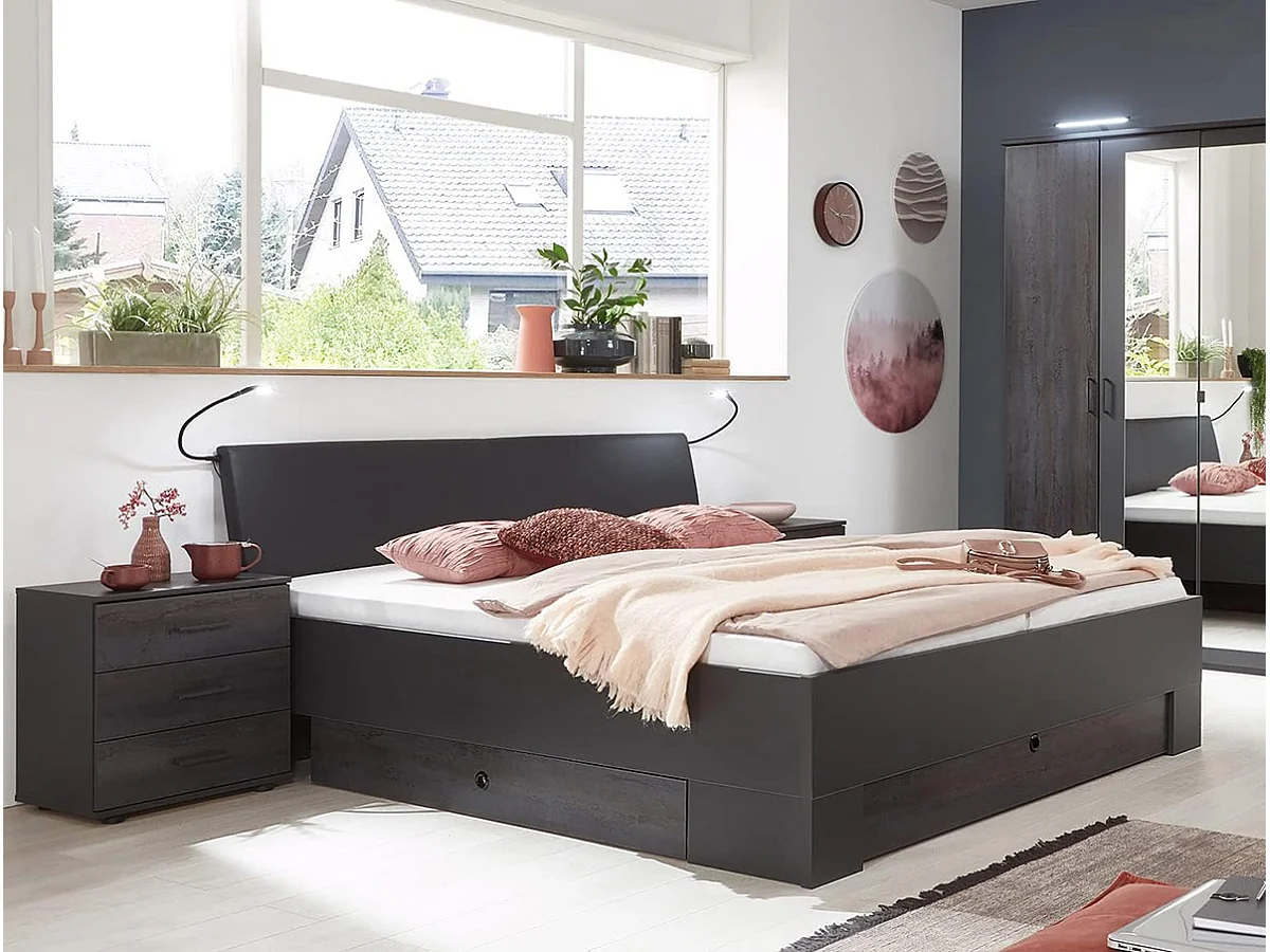 Lit adulte double 160x200 cm Queen Size coloris gris foncé - Longueur 169 x Profondeur 210 x Hauteur 96 cm