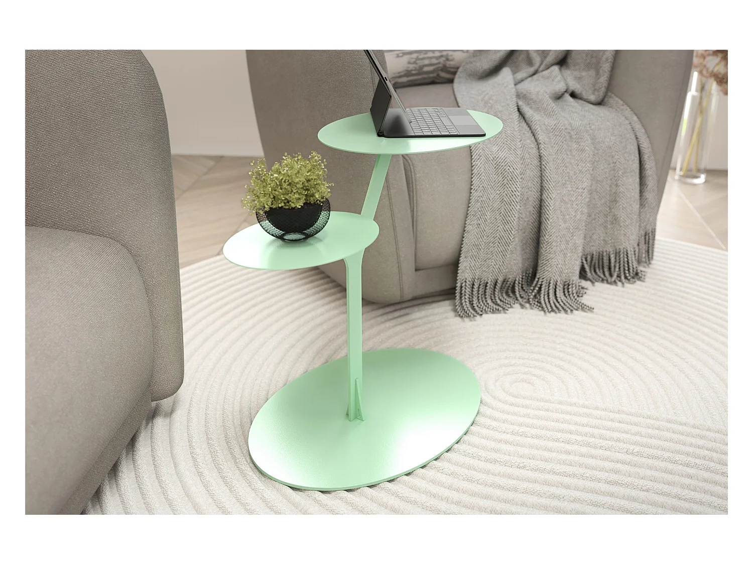 Stolik metalowy Kayani Iroko dwa blaty, kolor pudrowa zieleń