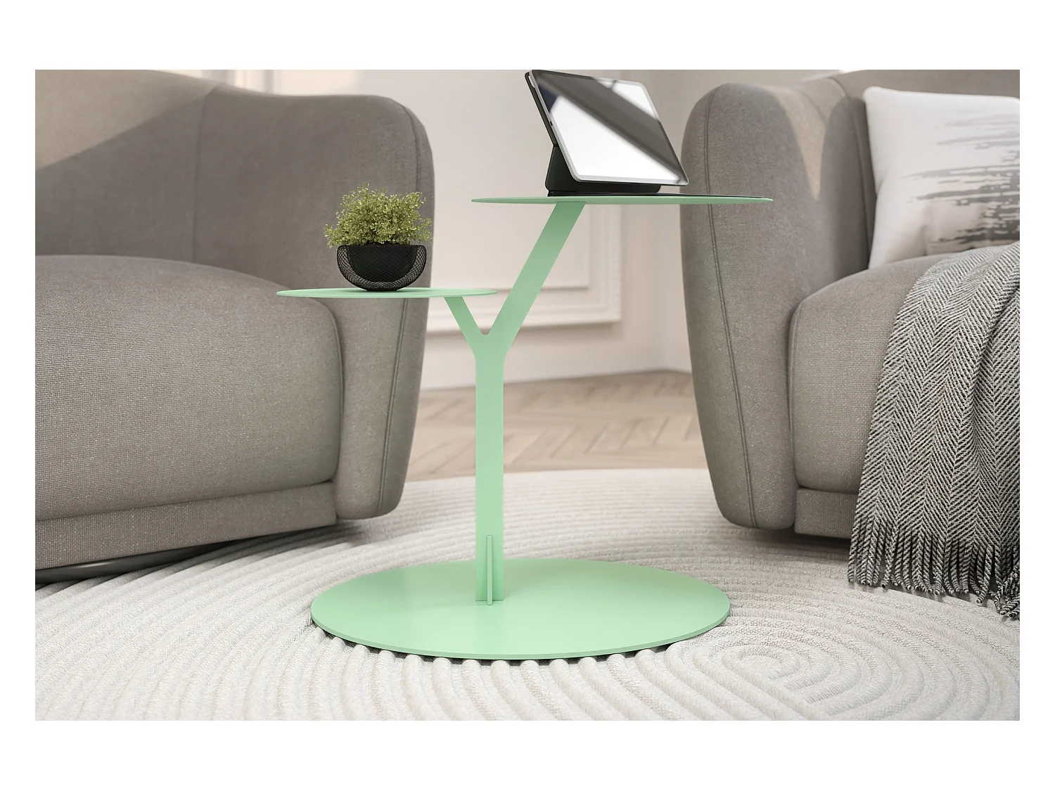 Stolik metalowy Kayani Iroko dwa blaty, kolor pudrowa zieleń