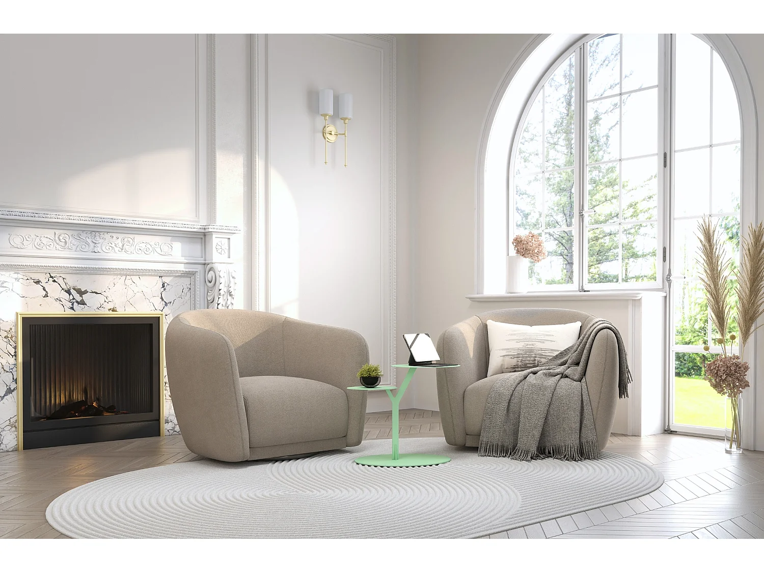 Beistelltisch Iroko mit 2 ablagen, metall, pastellgrün