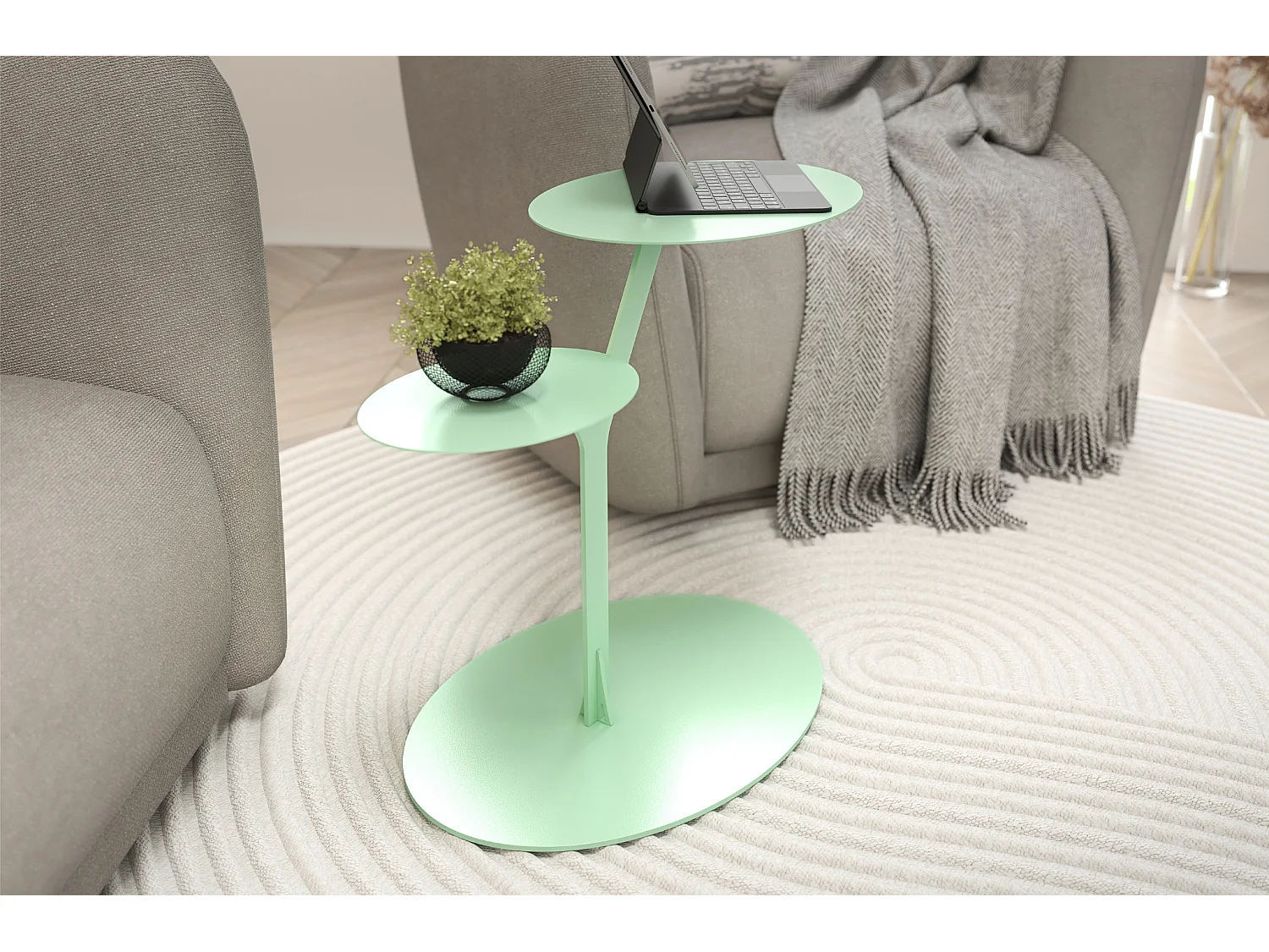 Beistelltisch Iroko mit 2 ablagen, metall, pastellgrün