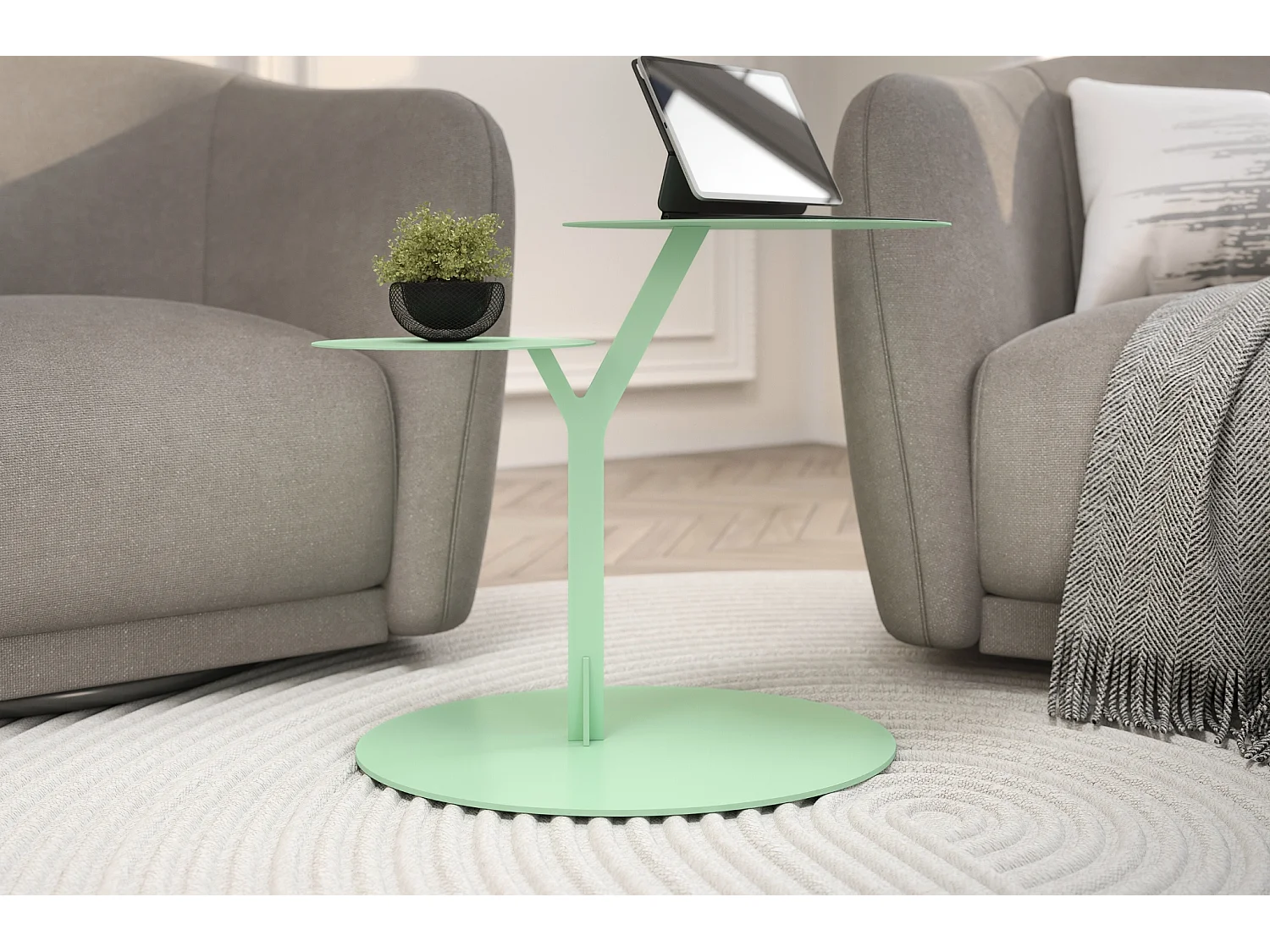 Beistelltisch Iroko mit 2 ablagen, metall, pastellgrün