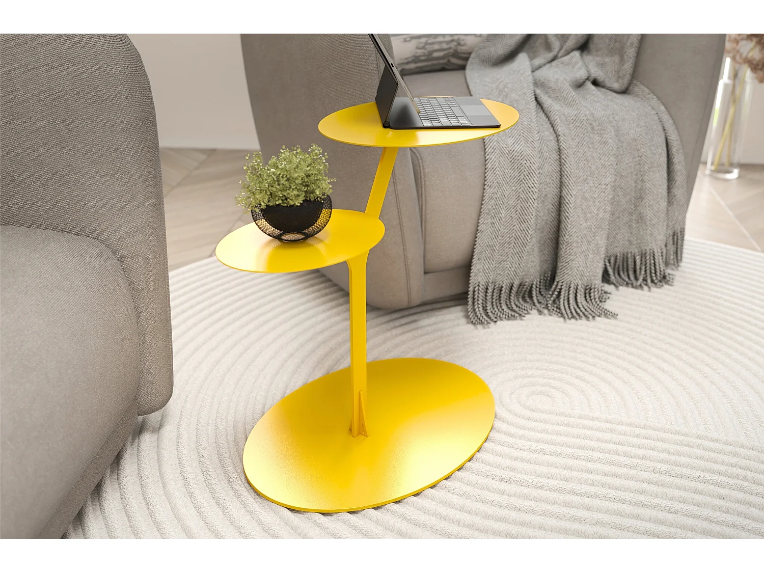 Beistelltisch Iroko mit 2 ablagen, metall, gelb