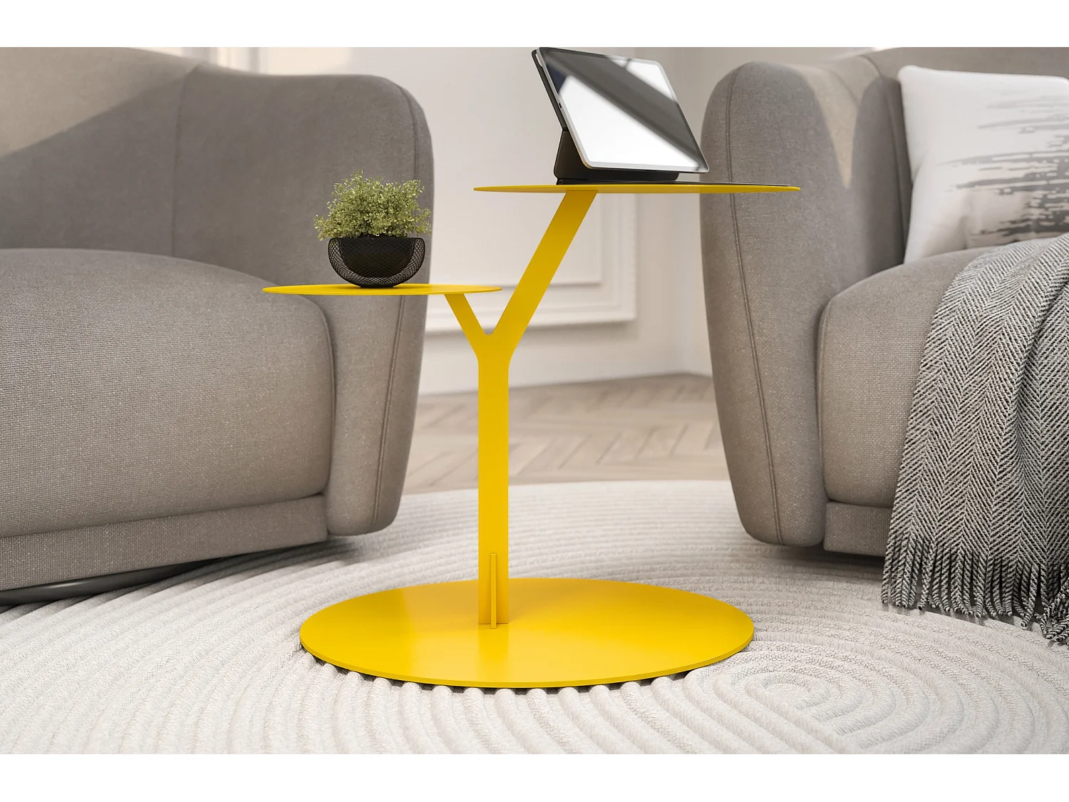 Beistelltisch Iroko mit 2 ablagen, metall, gelb