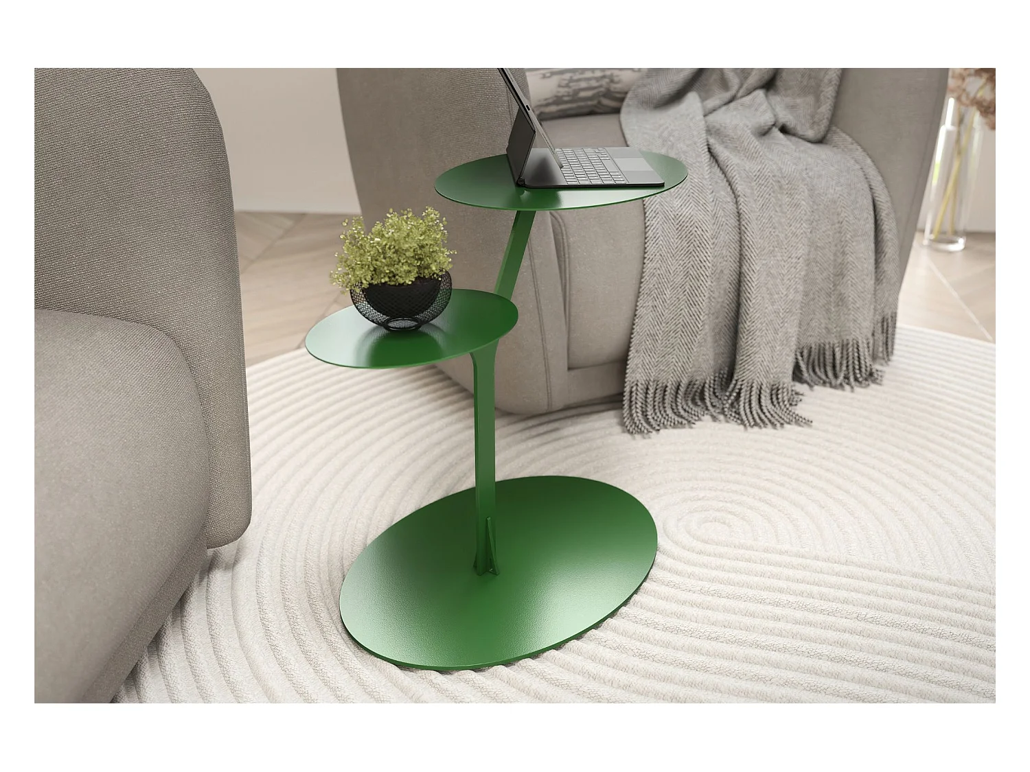 Stolik metalowy Kayani Iroko dwa blaty, kolor groszkowa zieleń