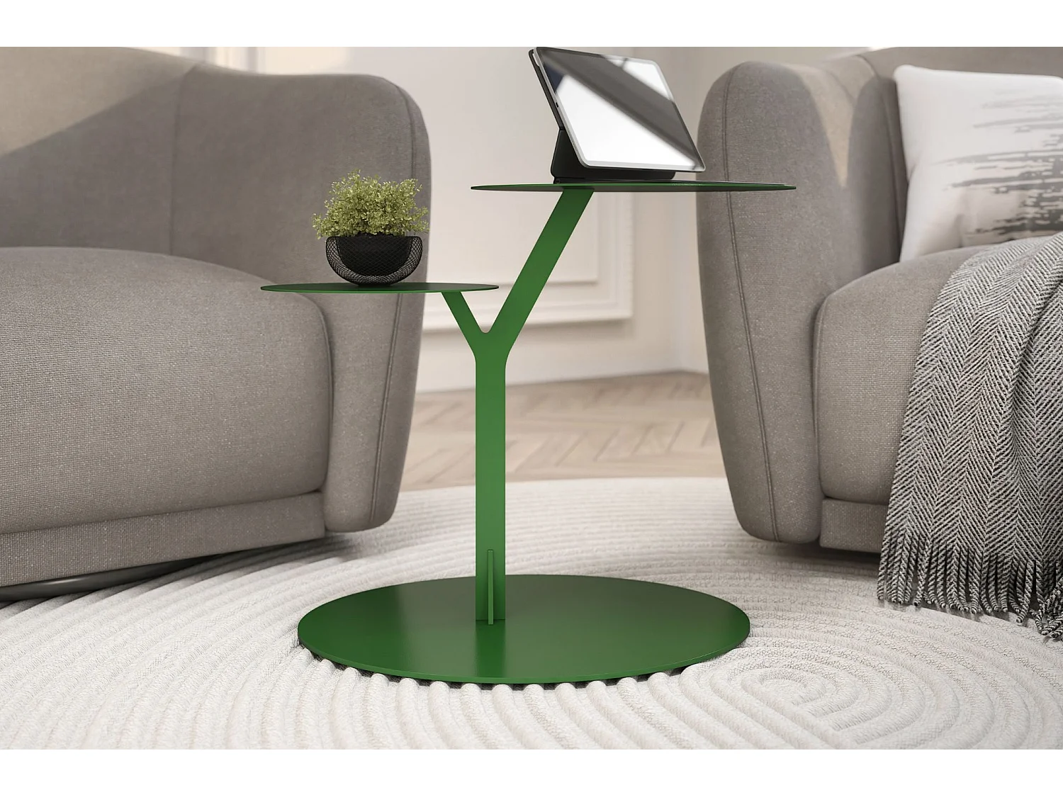 Stolik metalowy Kayani Iroko dwa blaty, kolor groszkowa zieleń